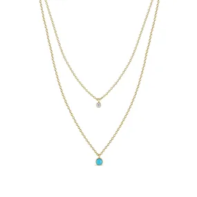 14k Diamond & Turquoise Bezel Layered Chain Necklace