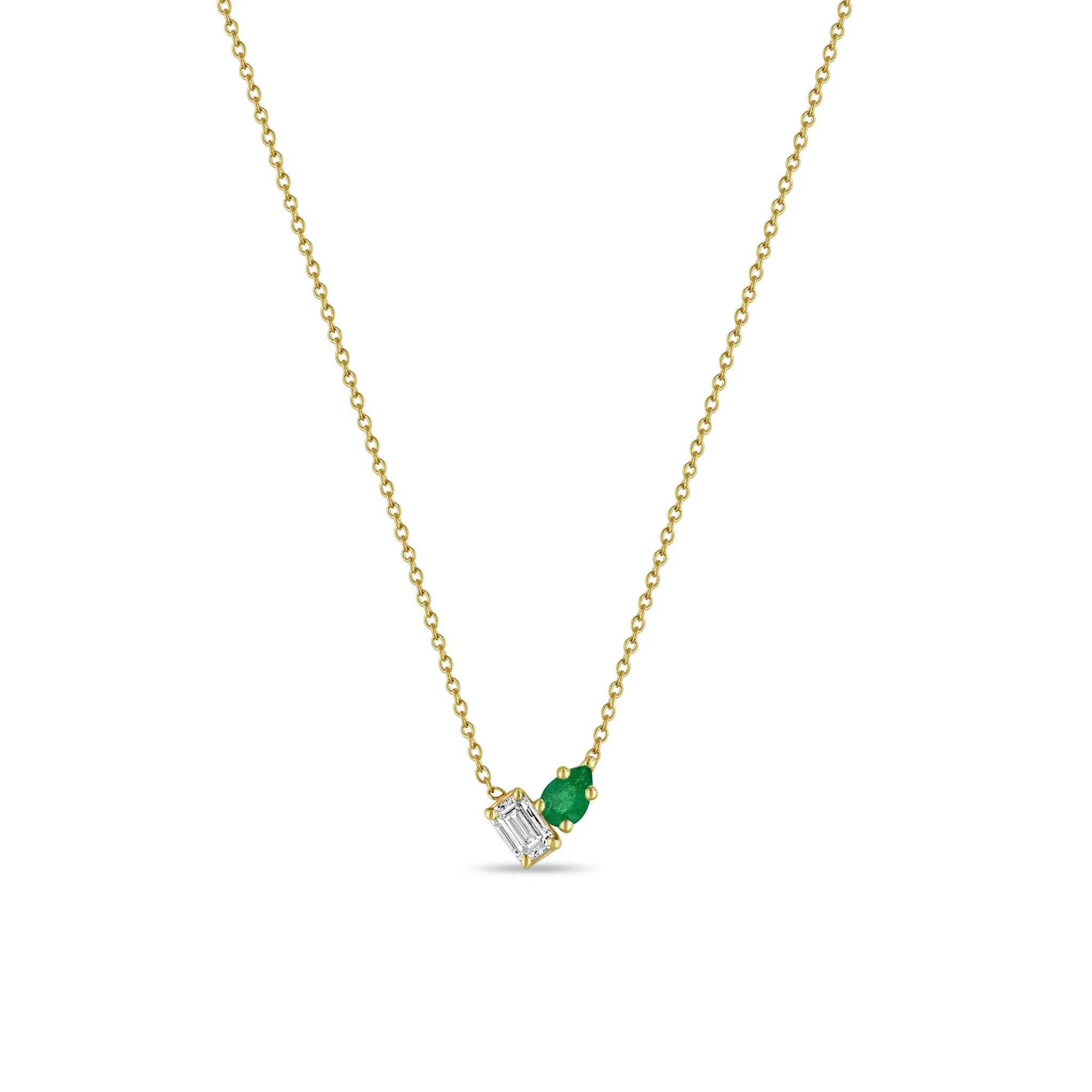 14k Pear Emerald & Emerald Cut Diamond Necklace