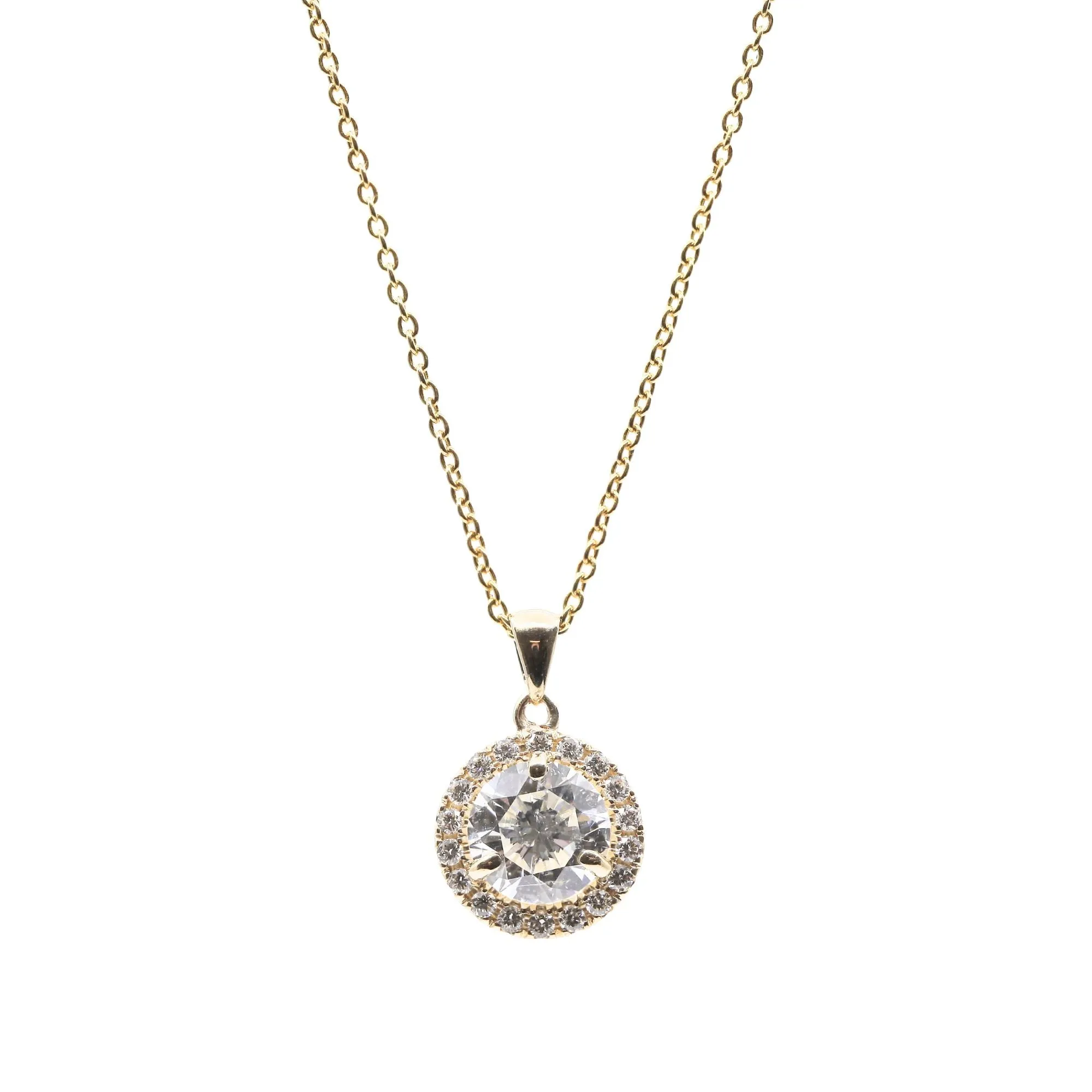 14K YELLOW GOLD ROUND BRILLIANT DIAMOND HALO PENDANT 1.30CT NECKLACE