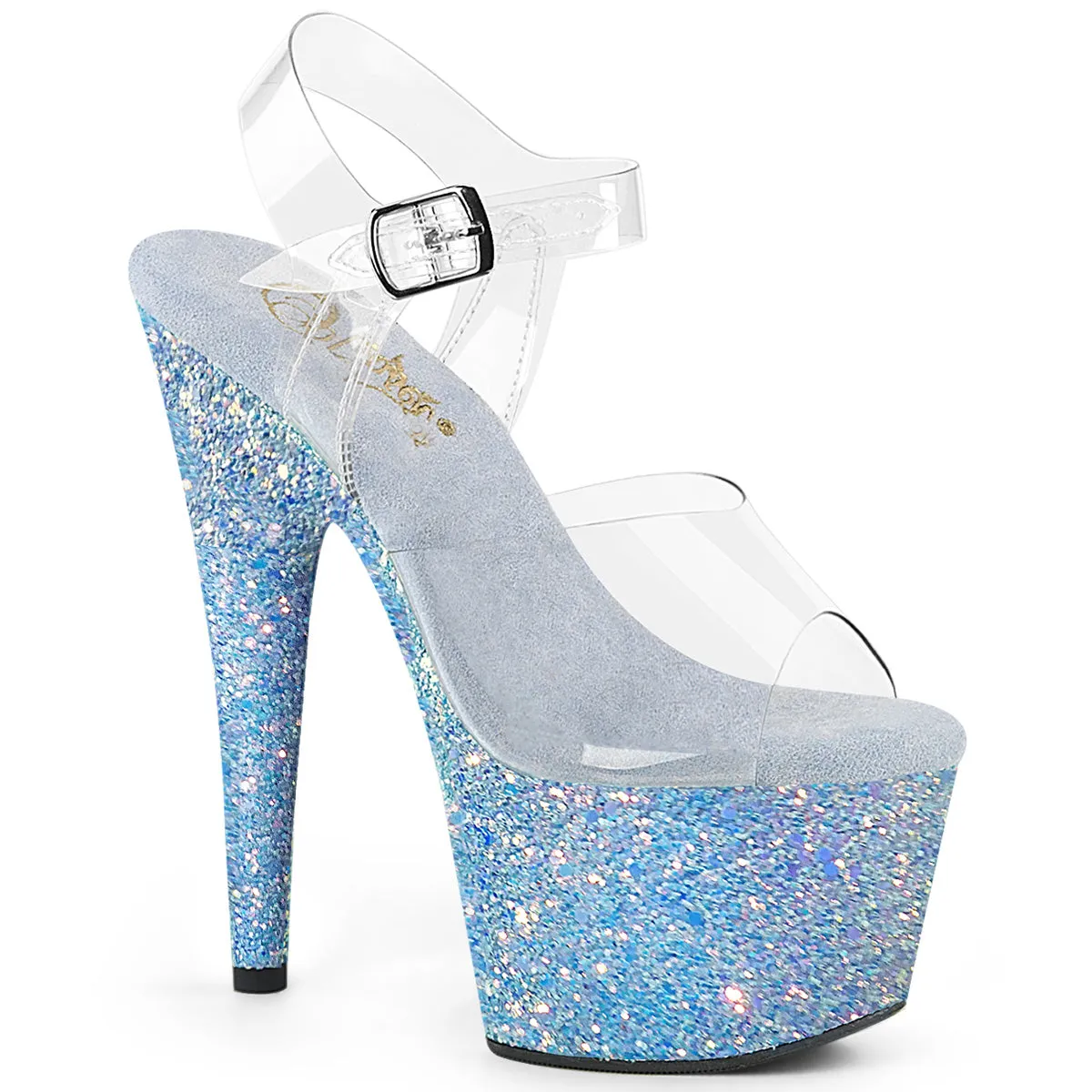 7 Inch Heel ADORE-708LG Clear Baby Blue Glitter