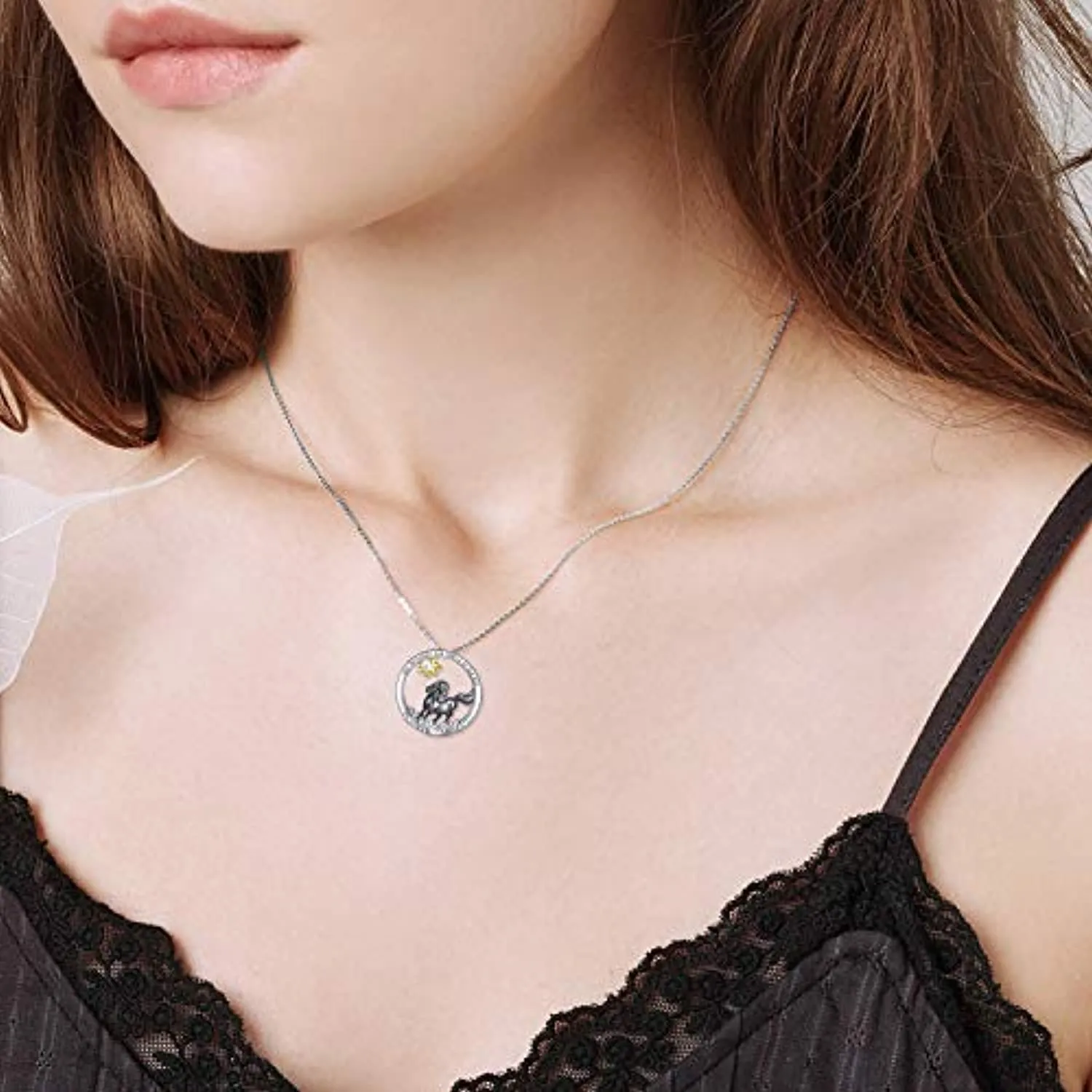 925 Sterling Silver Black Horse Necklace for Women Girls Friends