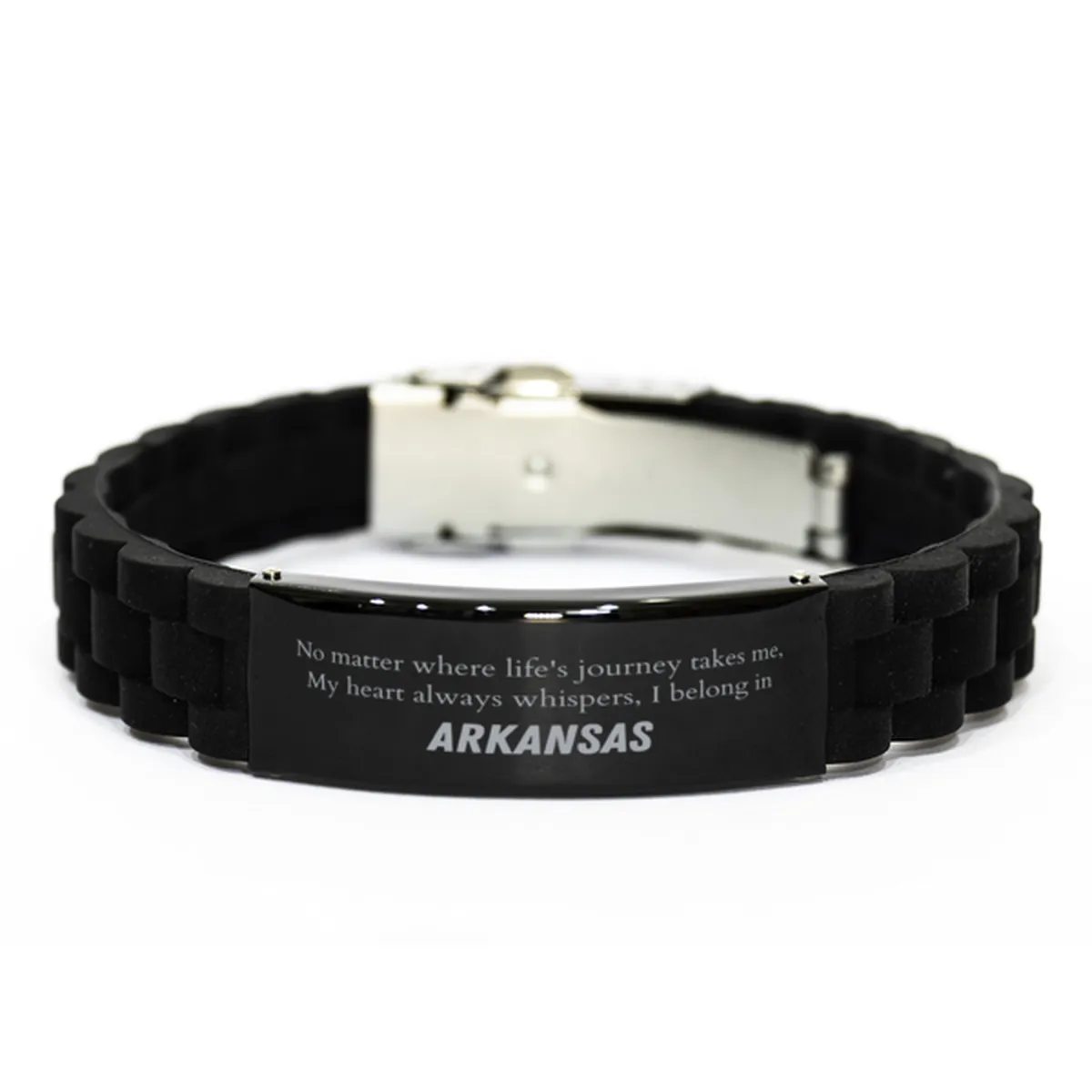 Arkansas State Gifts, No matter where life's journey takes me, my heart always whispers, I belong in Arkansas, Proud Arkansas Black Glidelock Clasp Bracelet Birthday Christmas For Men, Women, Friends