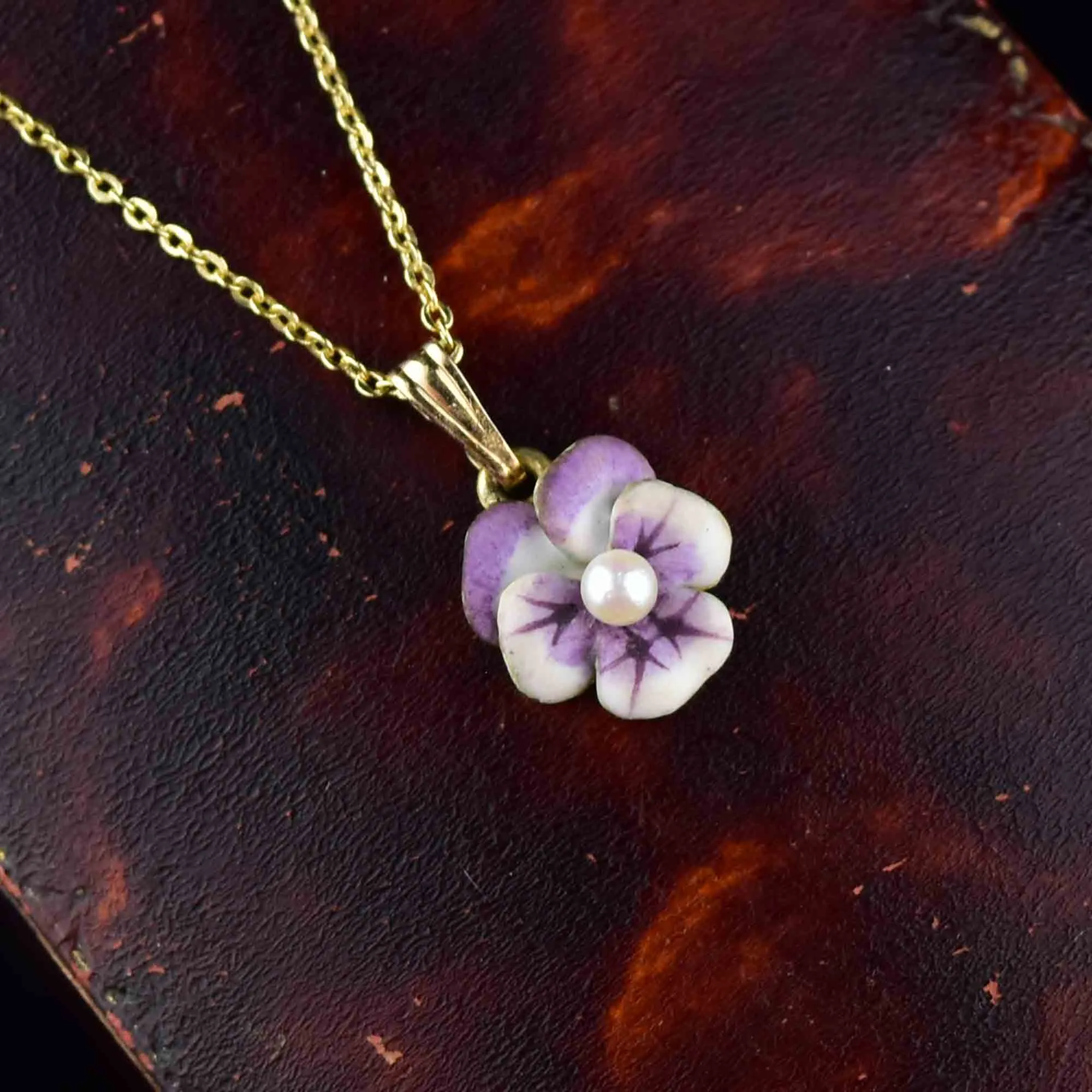 Art Nouveau 14K Gold Enamel Pearl Pansy Flower Necklace