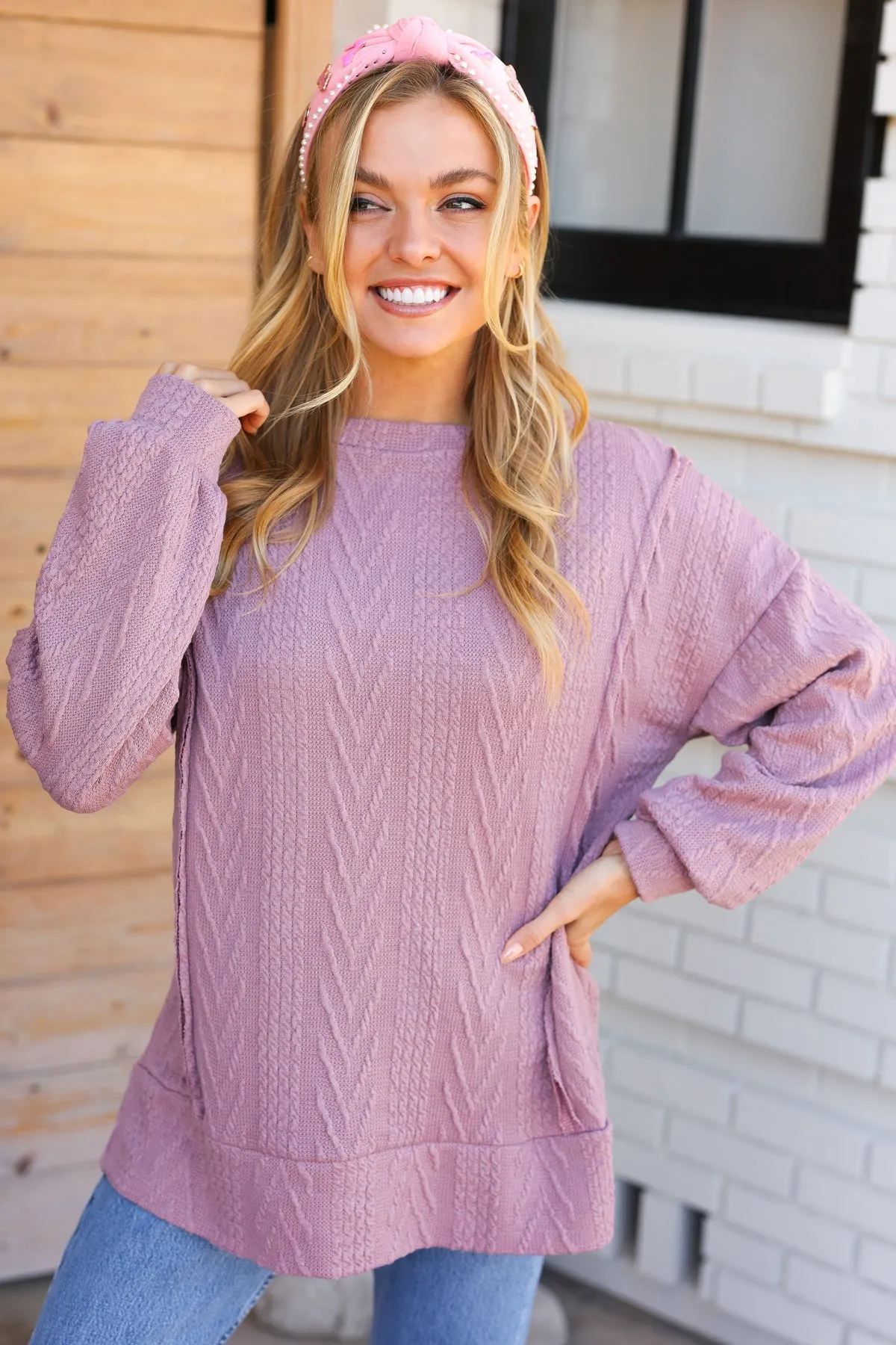 Back To Basics Mauve Jacquard Cable Pullover Top