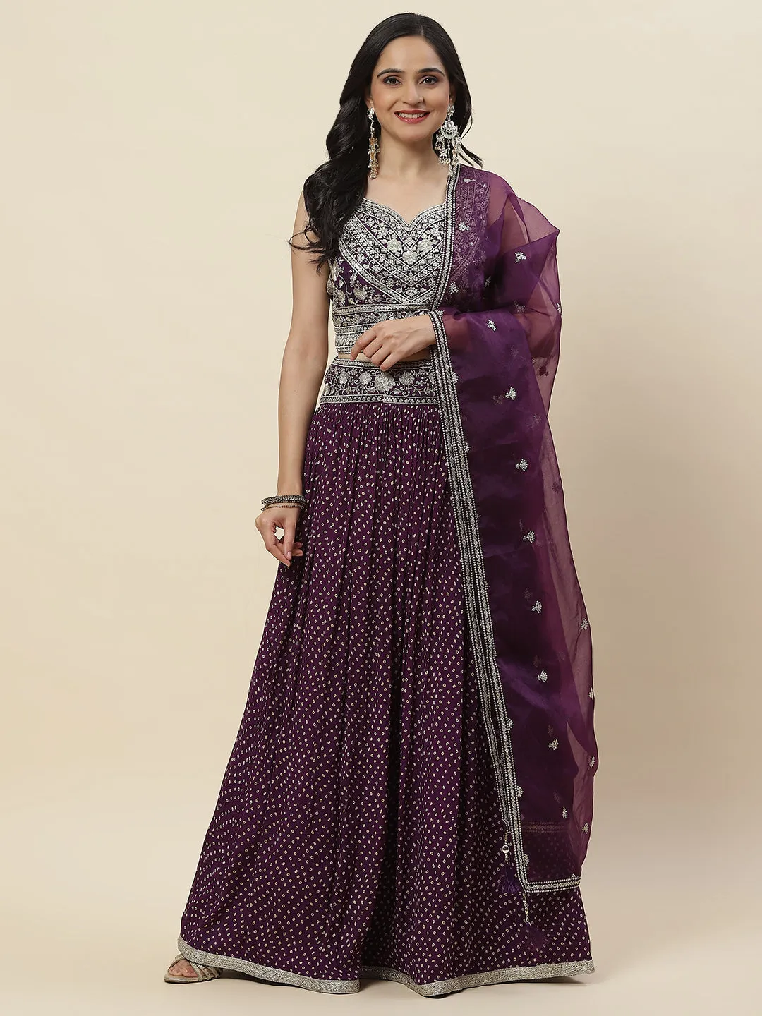 Bandhani Printed Georgette Choli With Lehenga & Dupatta