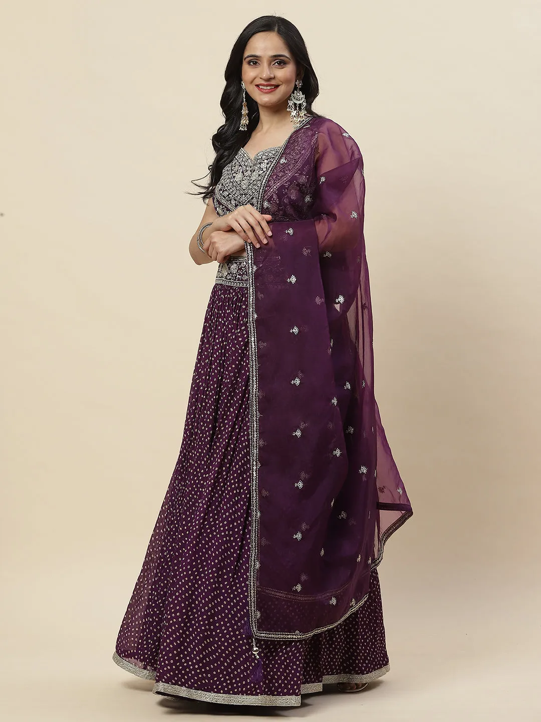 Bandhani Printed Georgette Choli With Lehenga & Dupatta