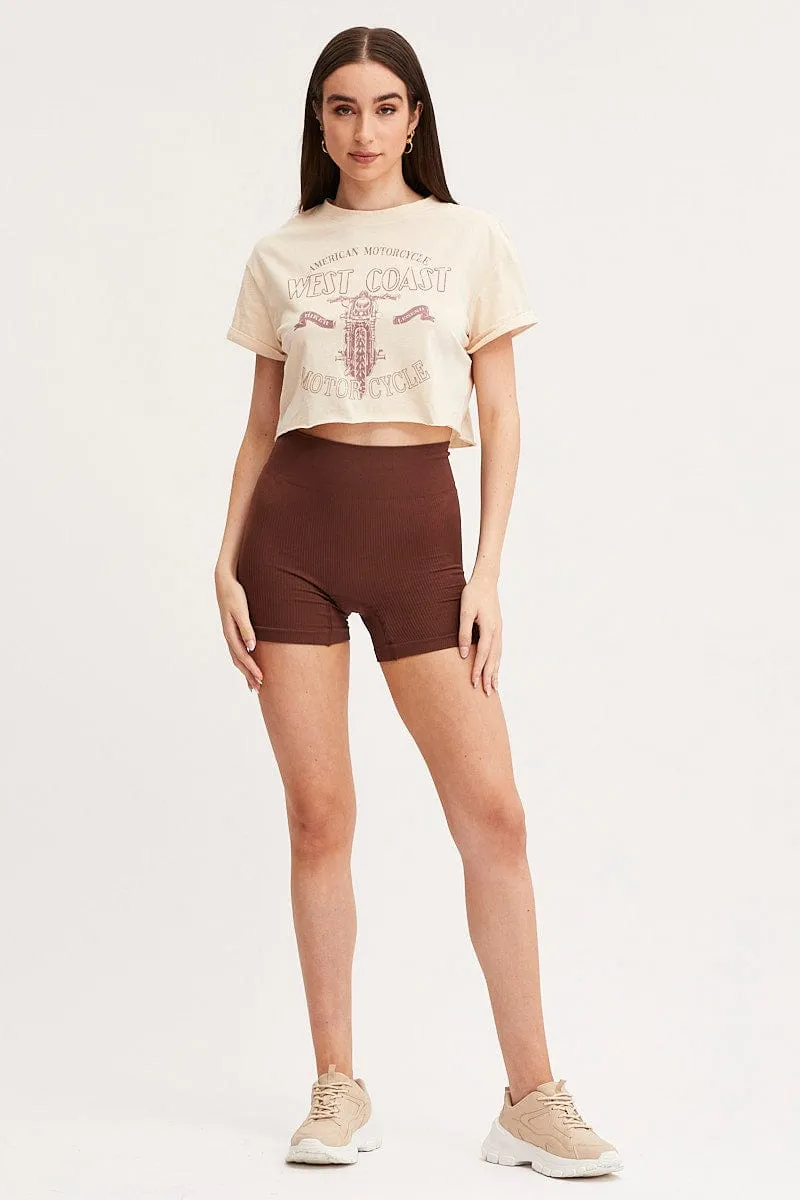 Beige Graphic T Shirt Short Sleeve