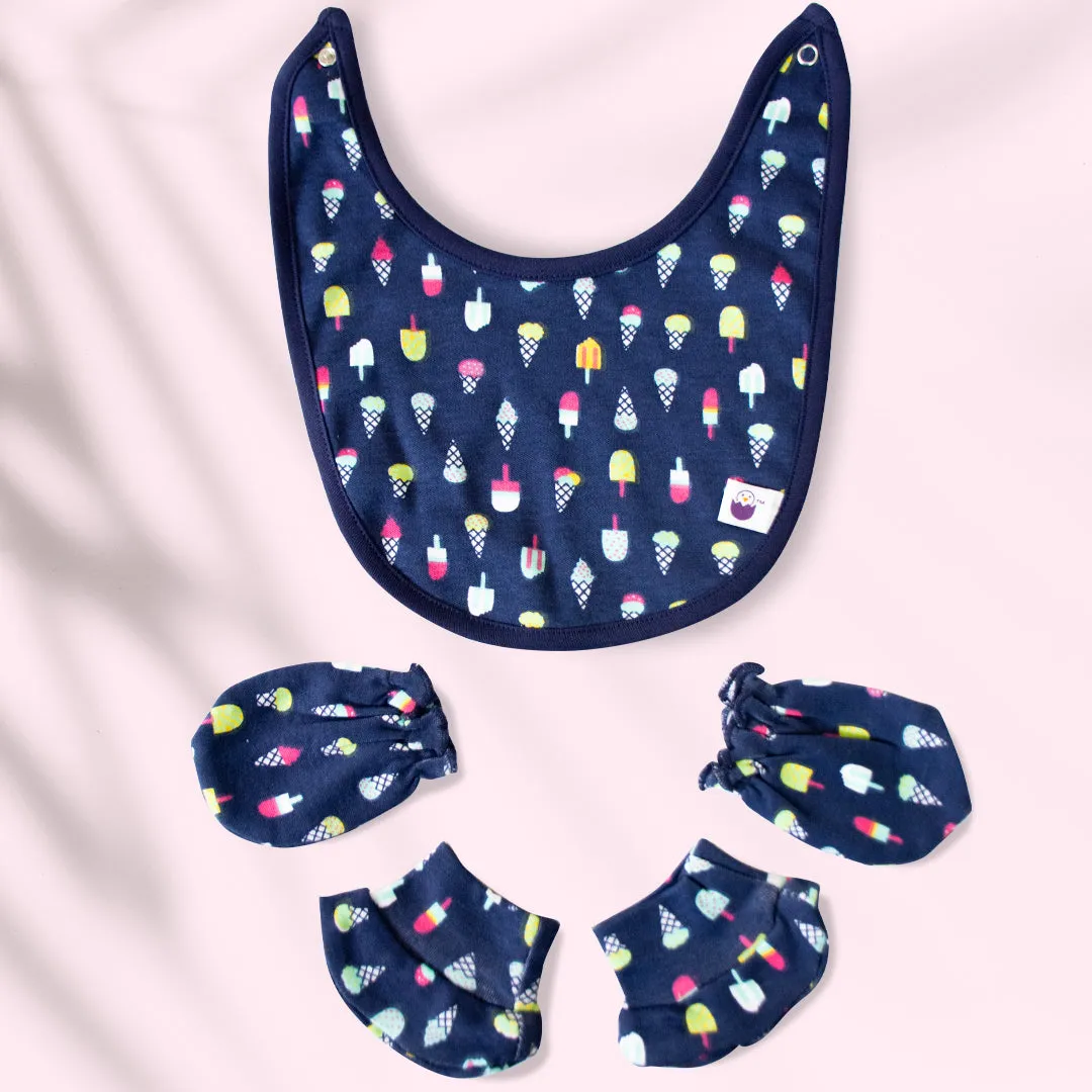 Bib, Mittens & Socks Newborn Set - Cute Pattern | Soft & Premium Cotton