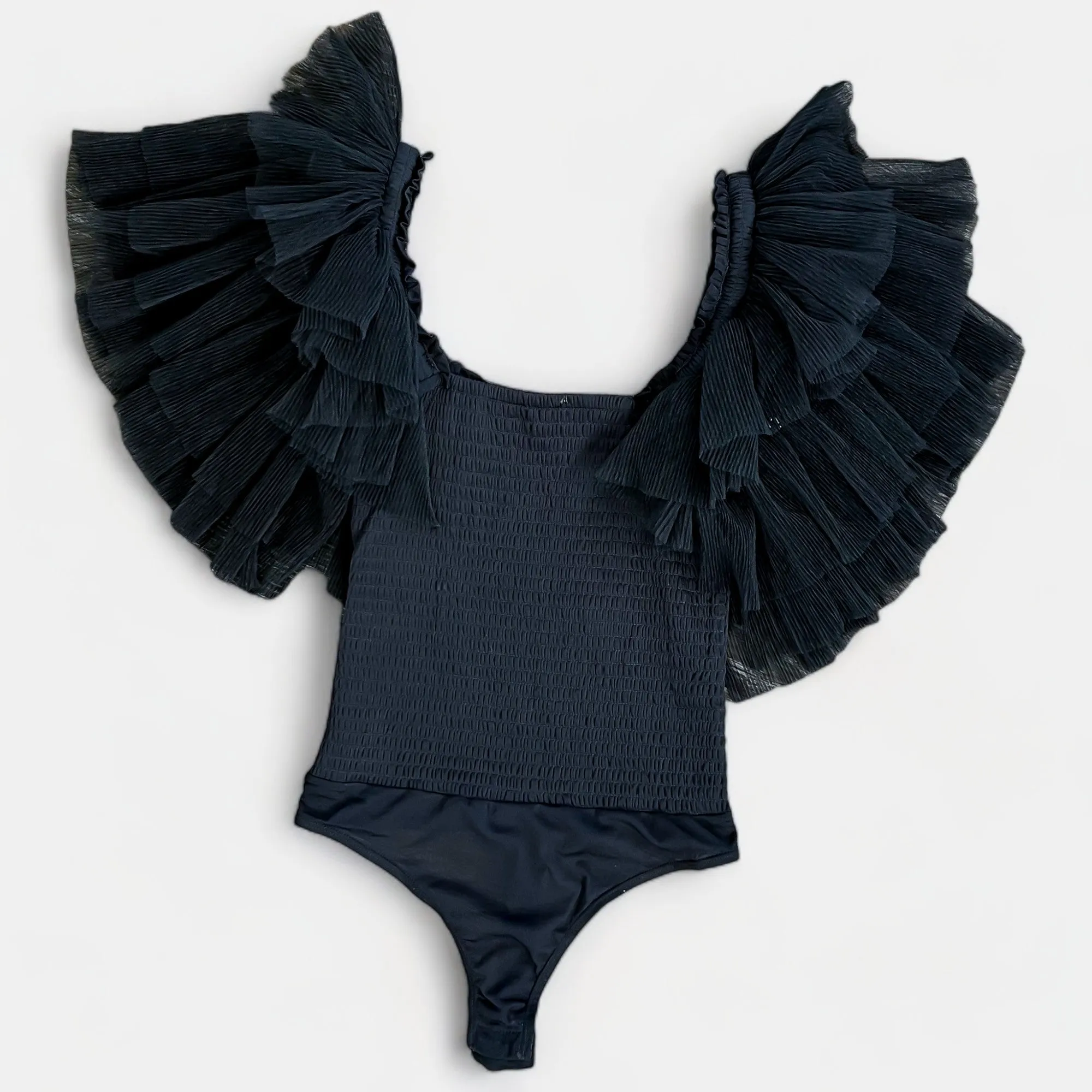 Black Layered Ruffle Bodysuit