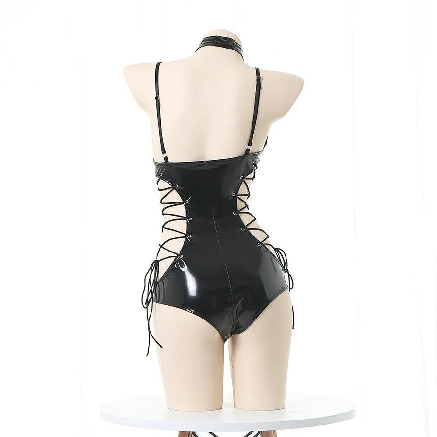 Black Mesh Side Strings Collar Bodysuit