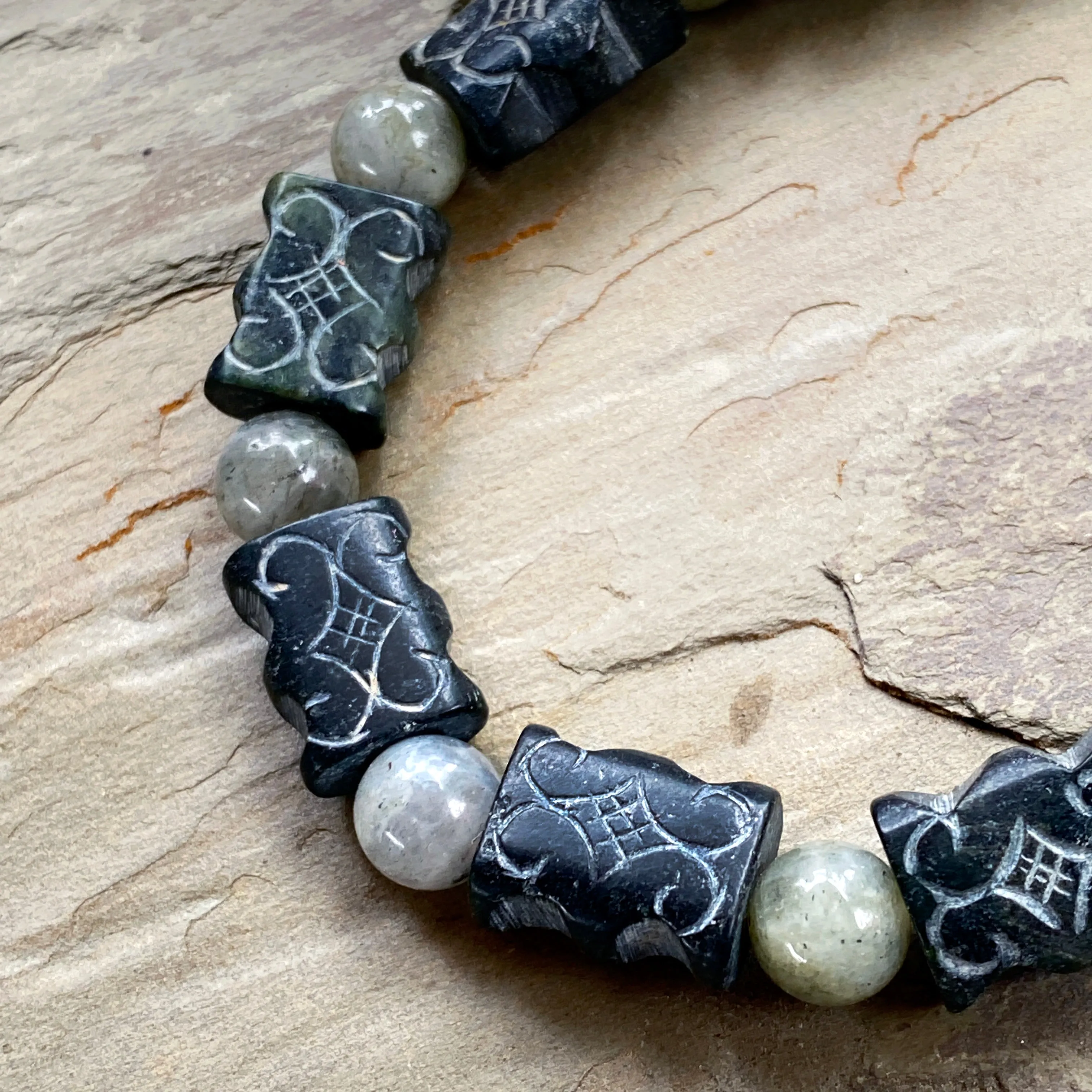 Black old jade and labradorite gemstones with sterling silver clasp bracelet