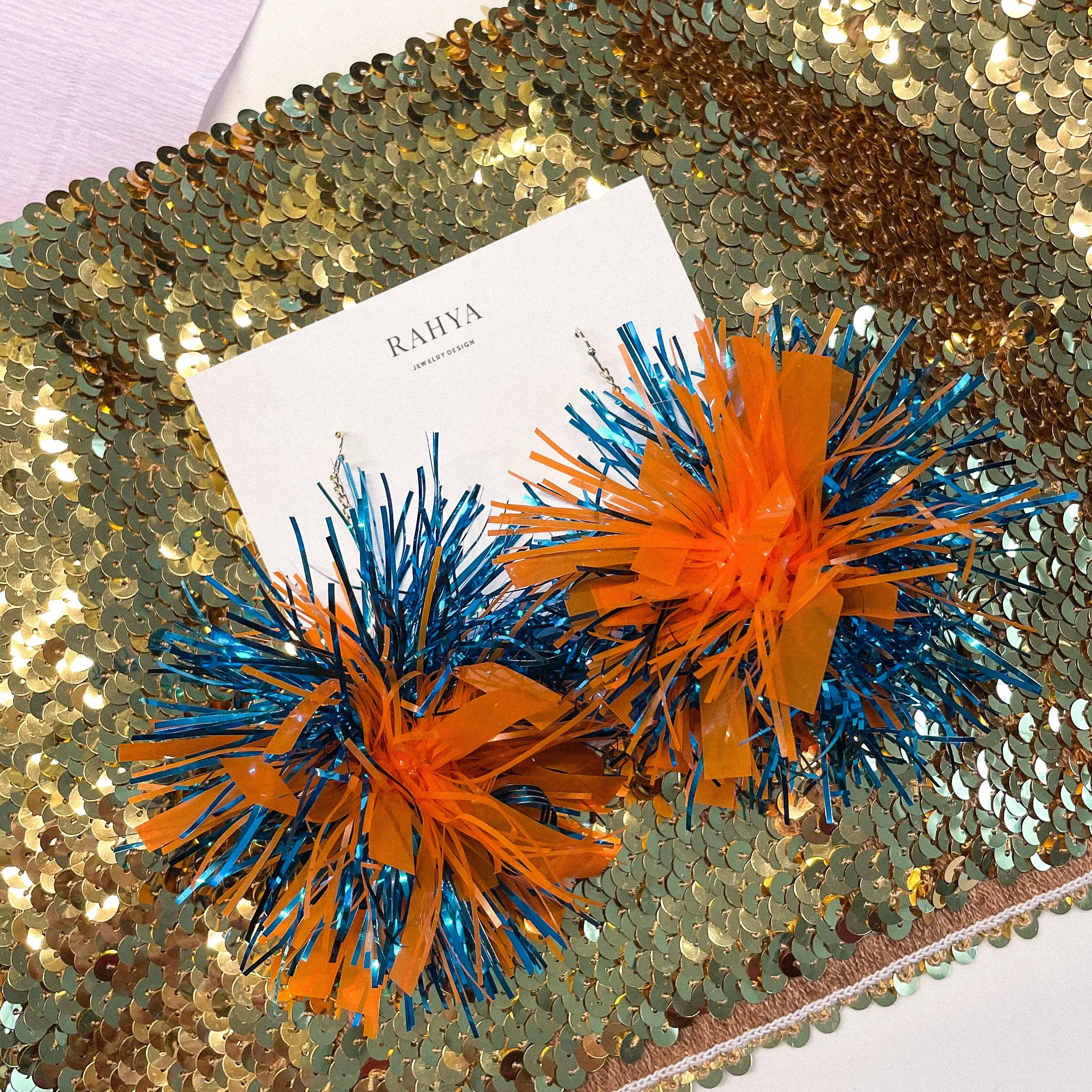 Blue & Orange Pom Pom Earrings