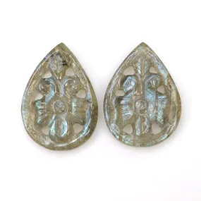 BLUE LABRADORITE Gemstone Carving : 7.00cts Natural Untreated Labradorite Gemstone Hand Carved Pear Shape 16*11mm Pair (With Video)