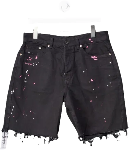 boohooMan Black Paint Splattered Denim Short With Frayed Hem W32