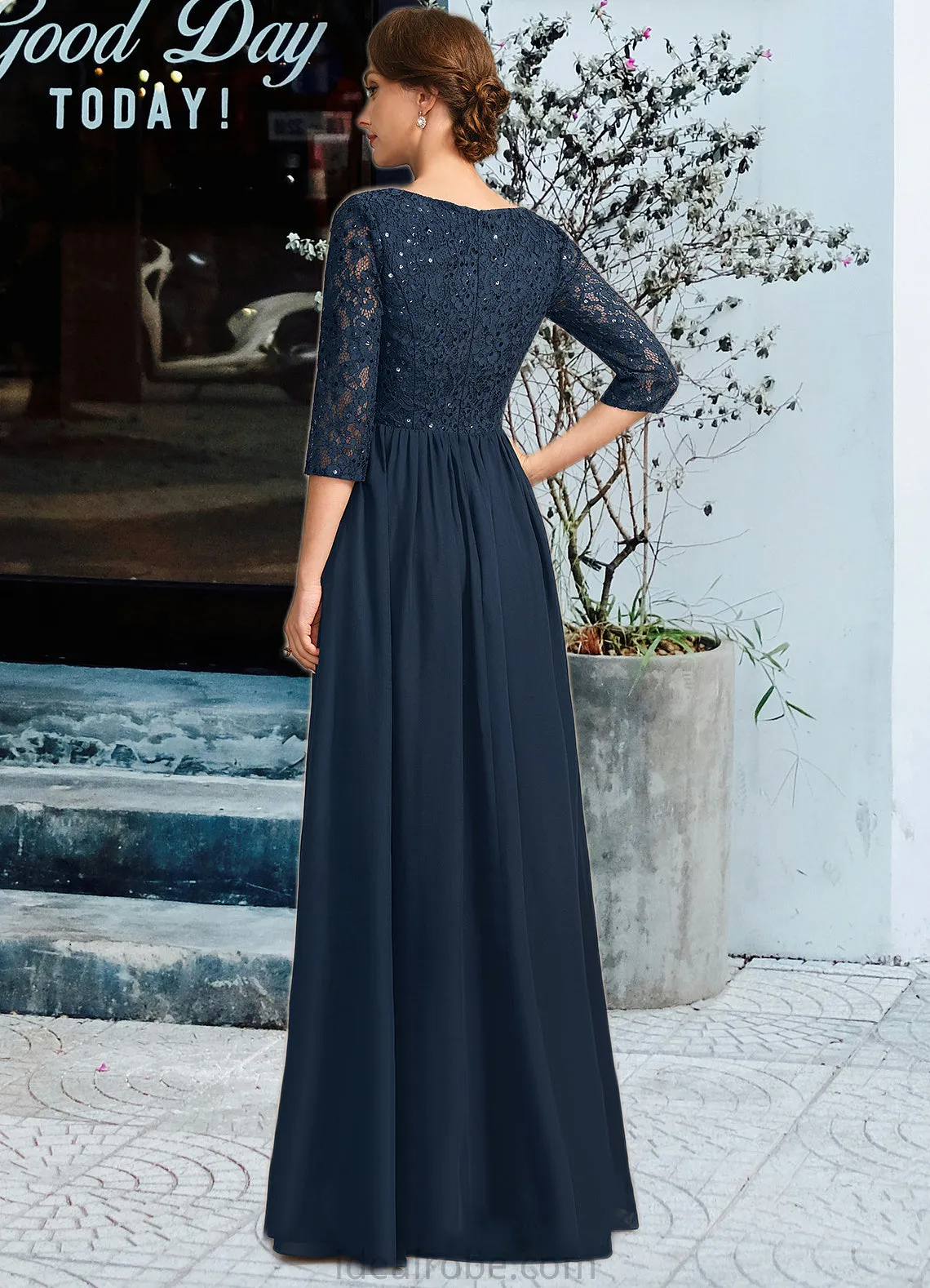 Cadence A-line Scoop Floor-Length Chiffon Lace Mother of the Bride Dress With Crystal Brooch Sequins STKP0021961