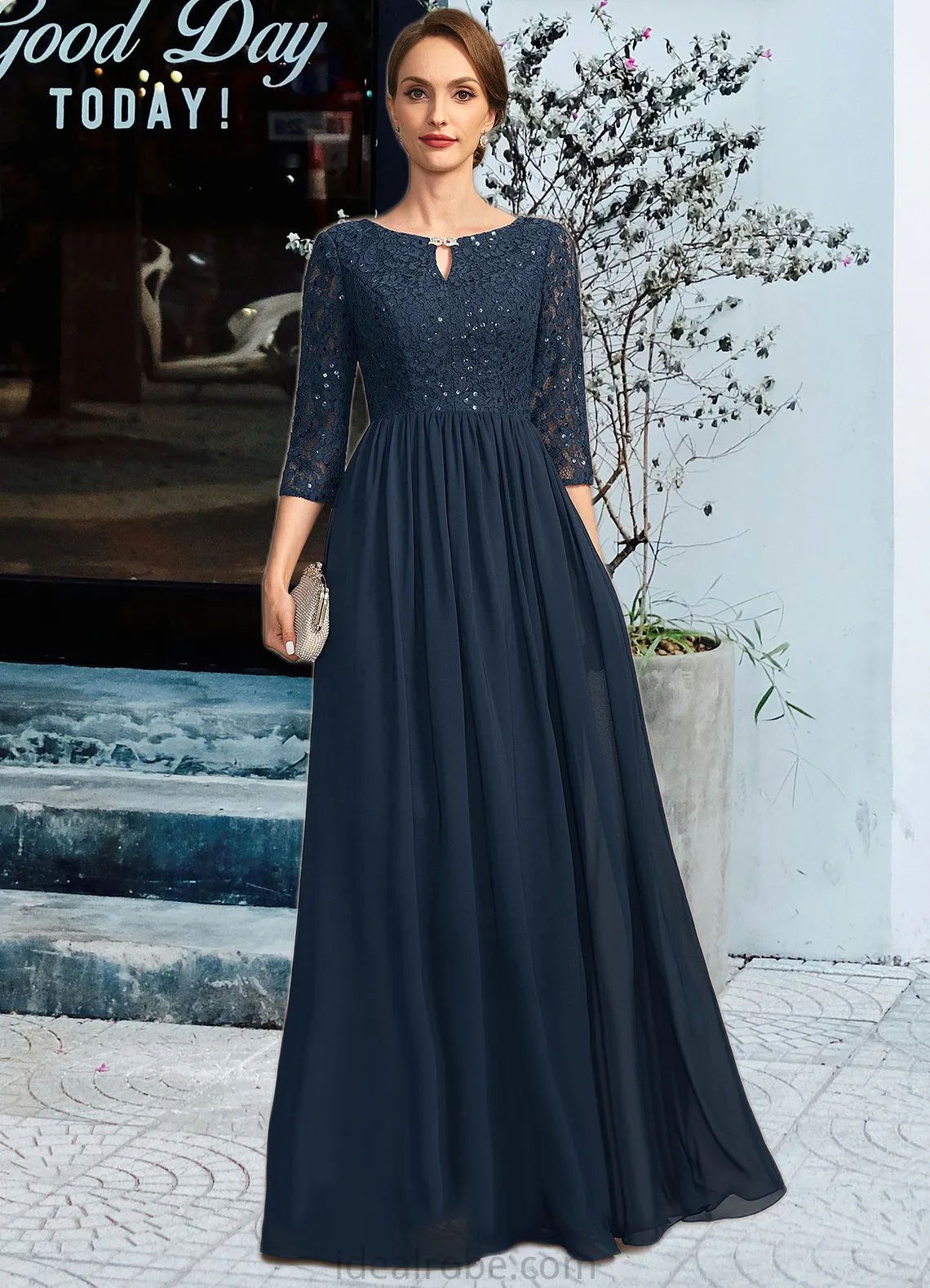 Cadence A-line Scoop Floor-Length Chiffon Lace Mother of the Bride Dress With Crystal Brooch Sequins STKP0021961