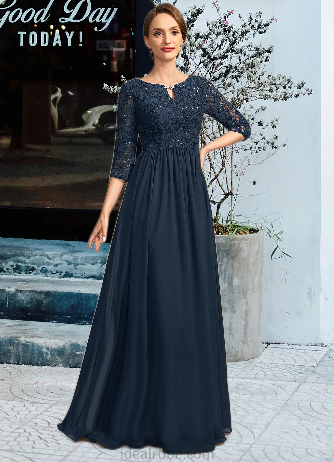 Cadence A-line Scoop Floor-Length Chiffon Lace Mother of the Bride Dress With Crystal Brooch Sequins STKP0021961