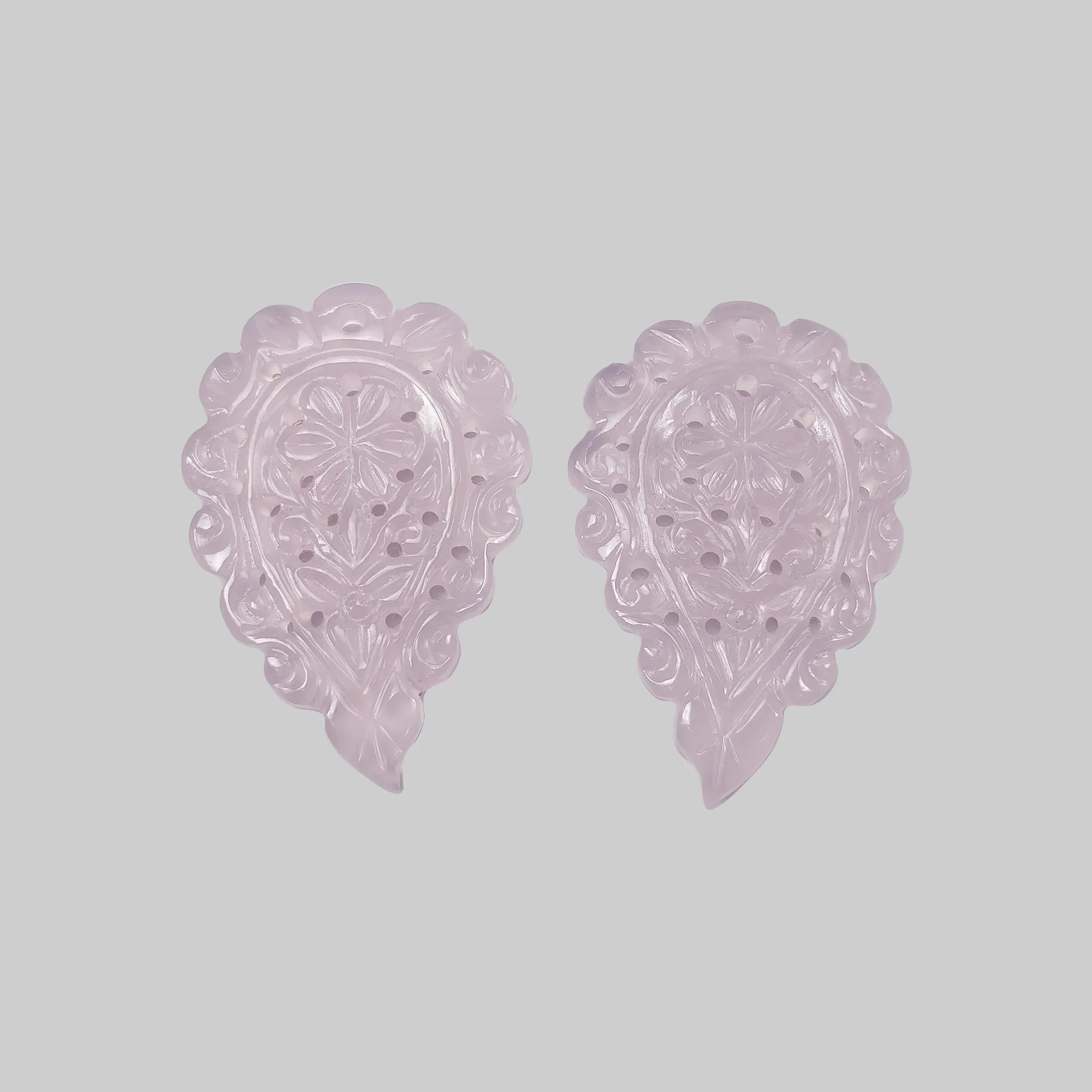 Chalcedony Gemstone Carving : 50.60cts Natural Untreated Pink Chalcedony One Side Hand Carved Indian Leaf 37*25mm Pair