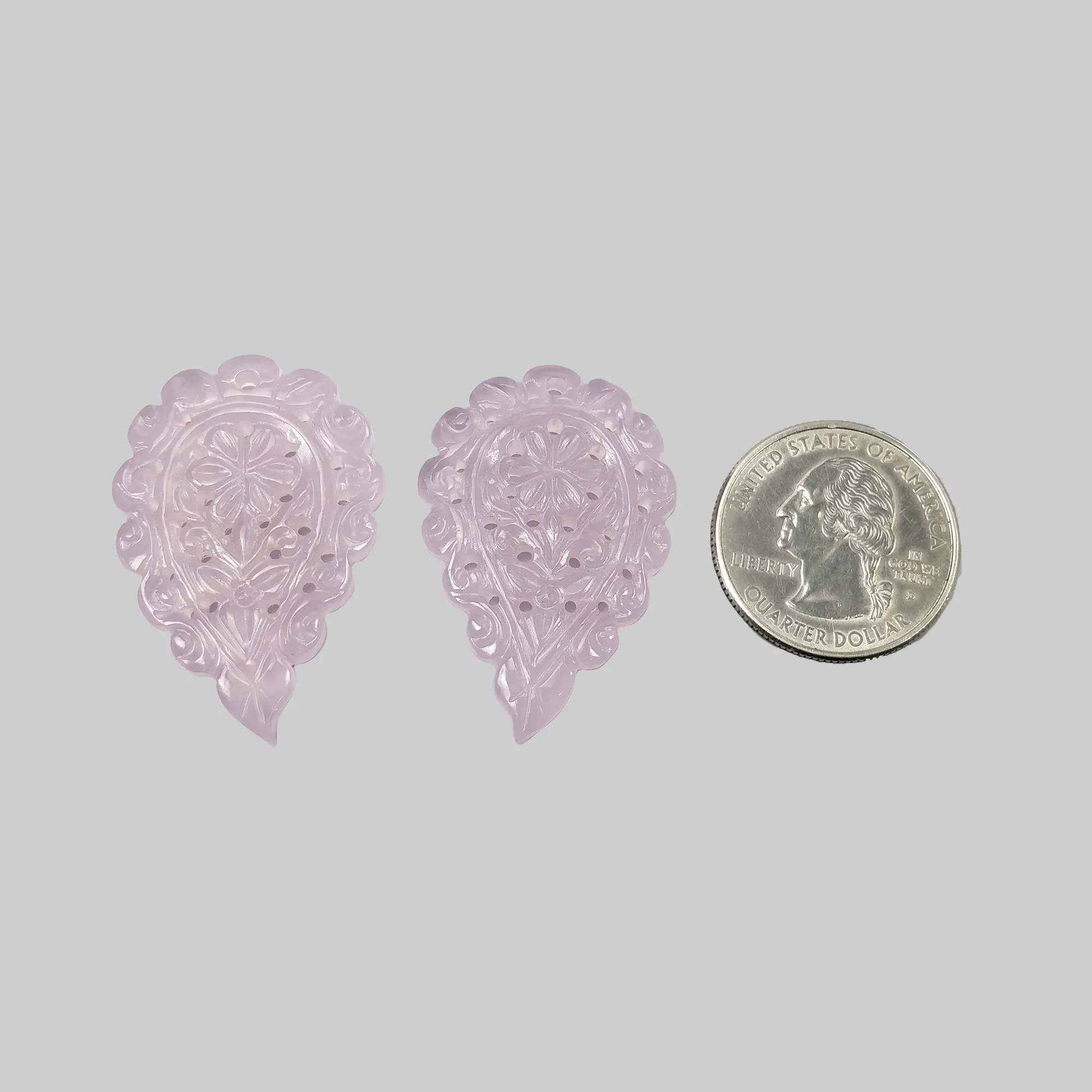 Chalcedony Gemstone Carving : 50.60cts Natural Untreated Pink Chalcedony One Side Hand Carved Indian Leaf 37*25mm Pair