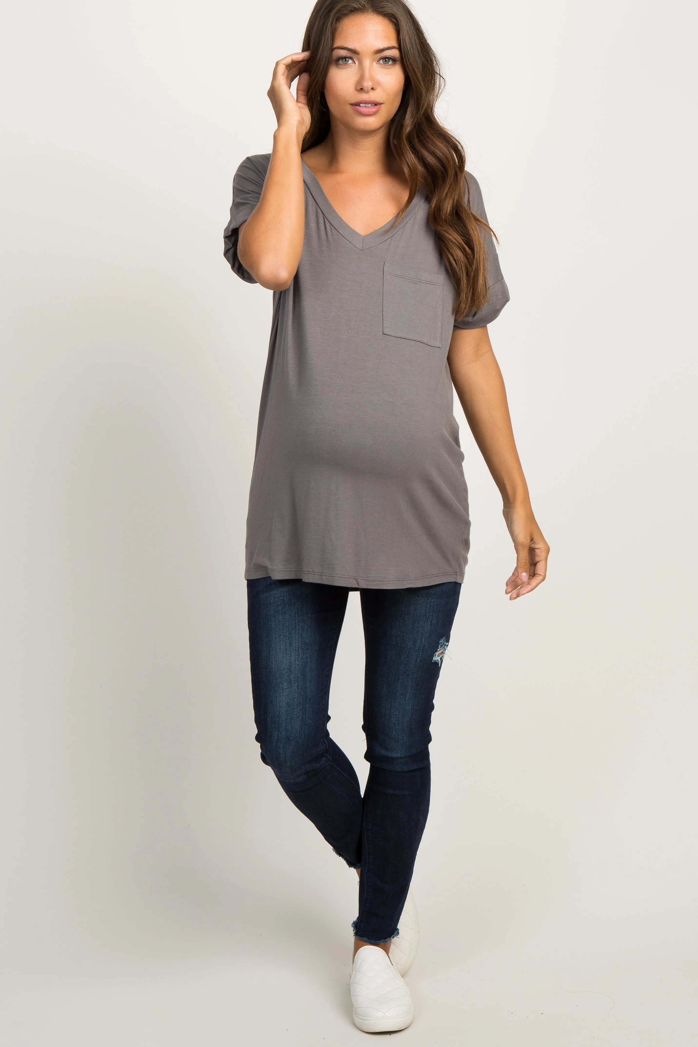 Charcoal Grey Basic V-Neck Pocket Maternity Top