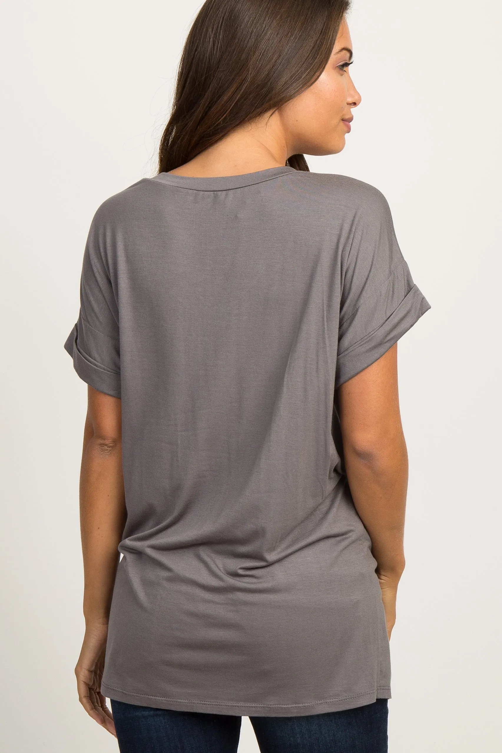 Charcoal Grey Basic V-Neck Pocket Maternity Top