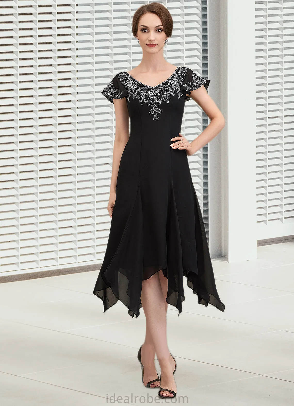 Clare A-Line V-neck Tea-Length Chiffon Lace Mother of the Bride Dress With Sequins STK126P0014967