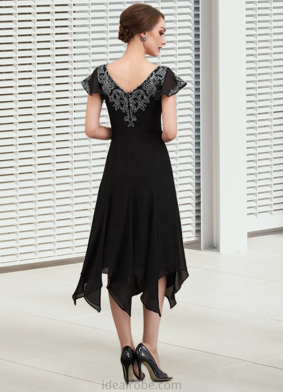 Clare A-Line V-neck Tea-Length Chiffon Lace Mother of the Bride Dress With Sequins STK126P0014967