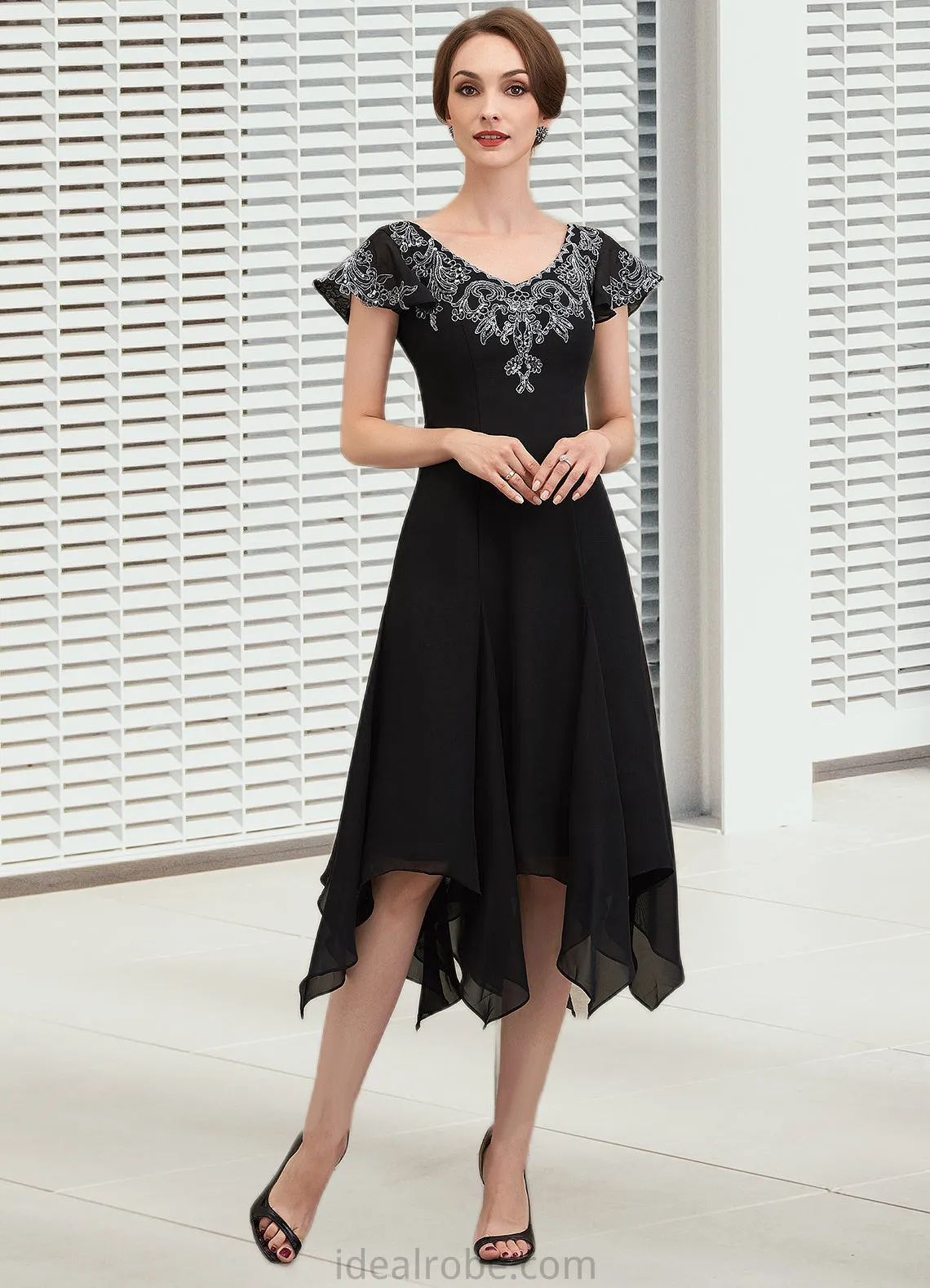 Clare A-Line V-neck Tea-Length Chiffon Lace Mother of the Bride Dress With Sequins STK126P0014967