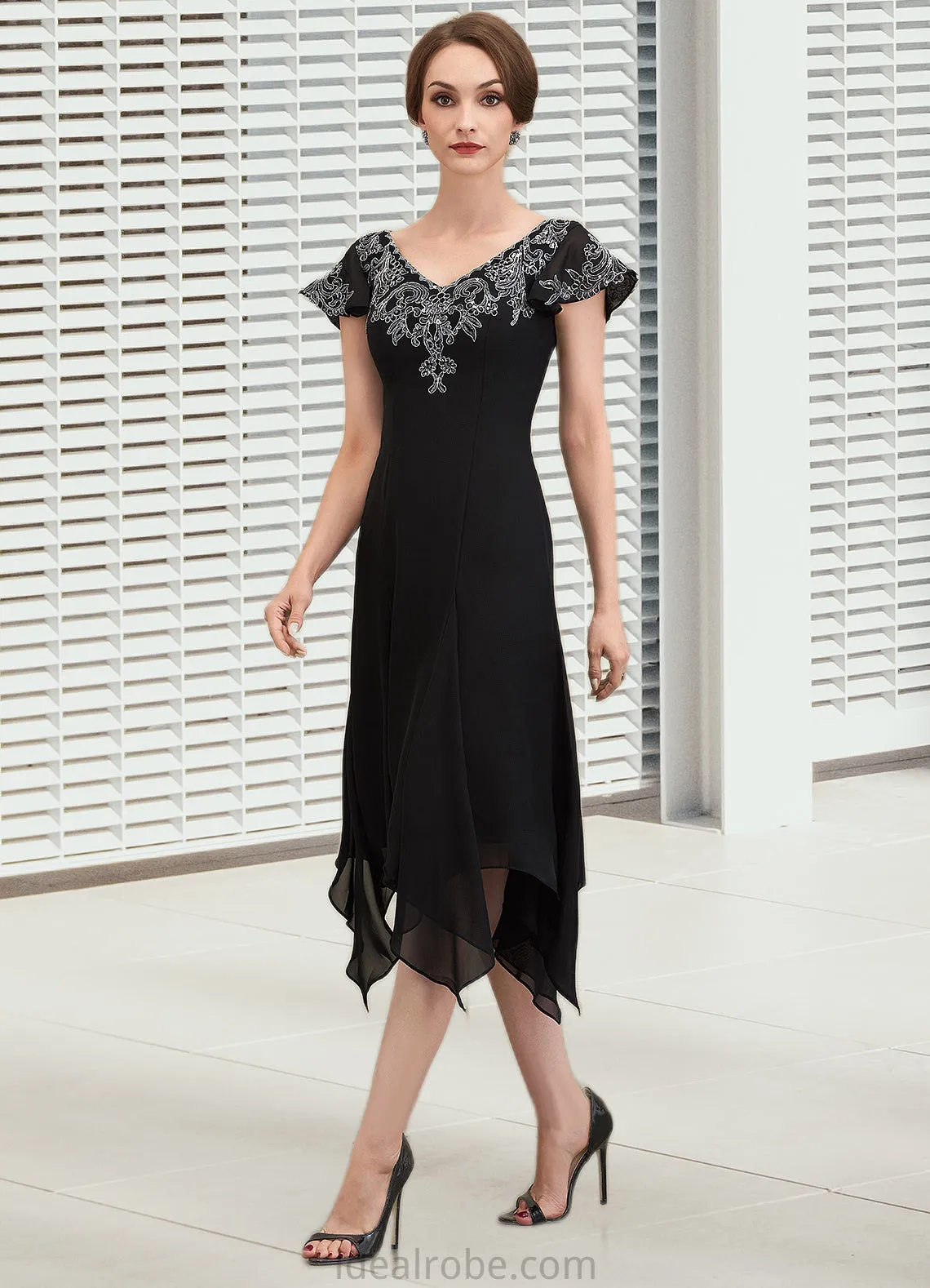 Clare A-Line V-neck Tea-Length Chiffon Lace Mother of the Bride Dress With Sequins STK126P0014967