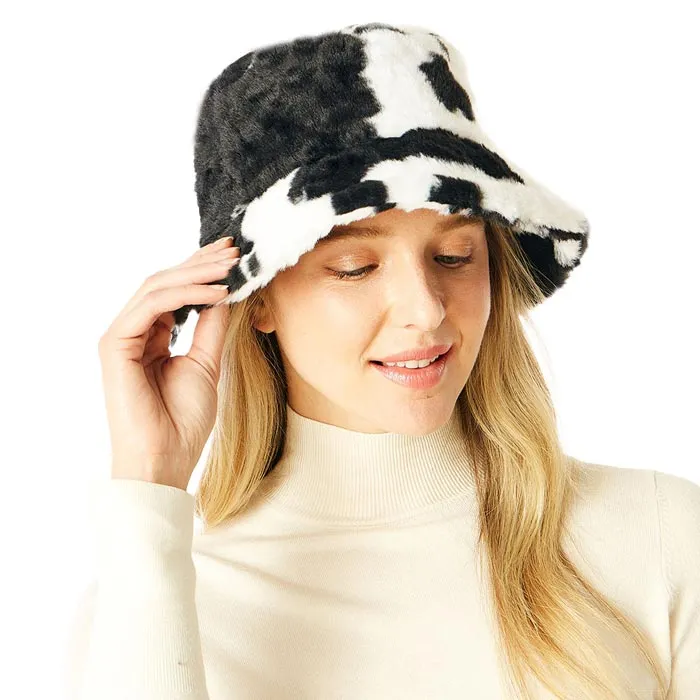 Cow Patterned Faux Fur Bucket Hat