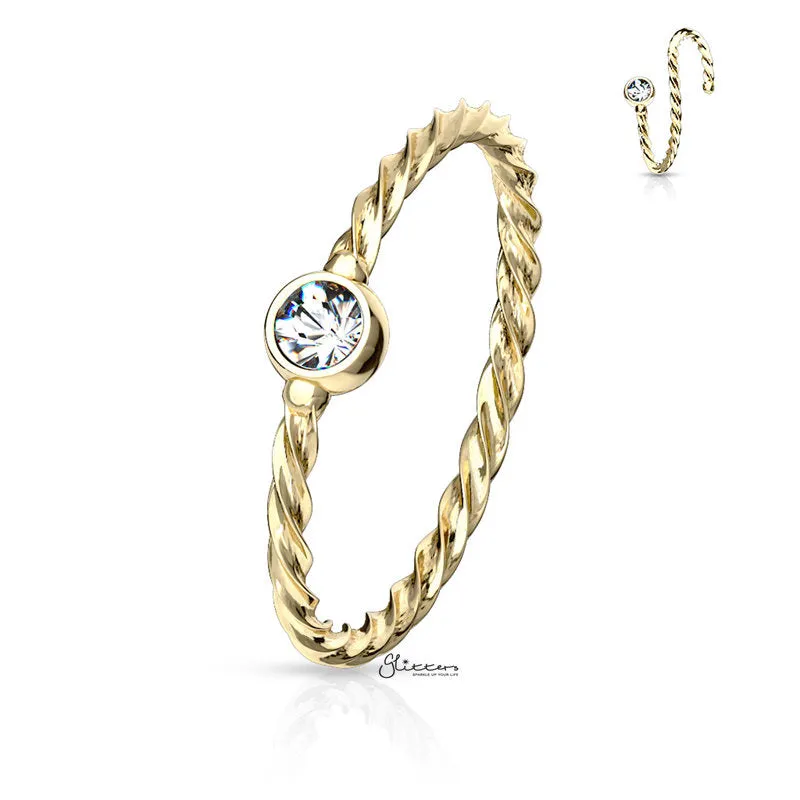 Crystal Set Twisted Rope Bendable Hoop Nose Ring - Gold