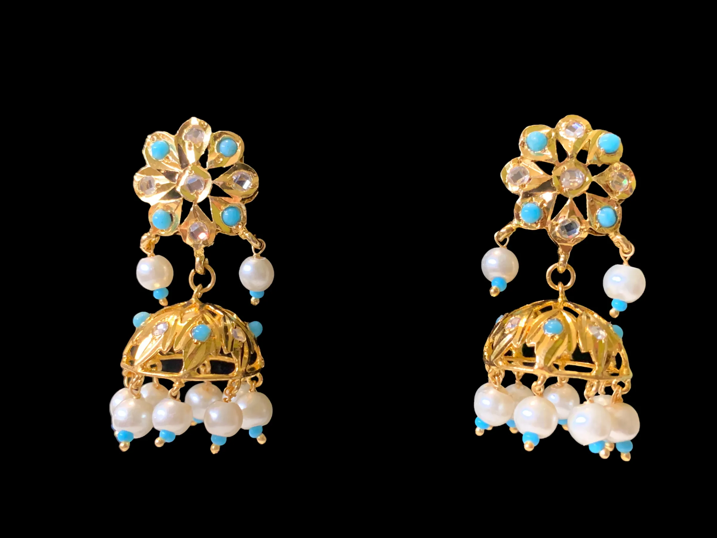 DER347 Turquoise  jhumka in flower tops ( READY TO SHIP)