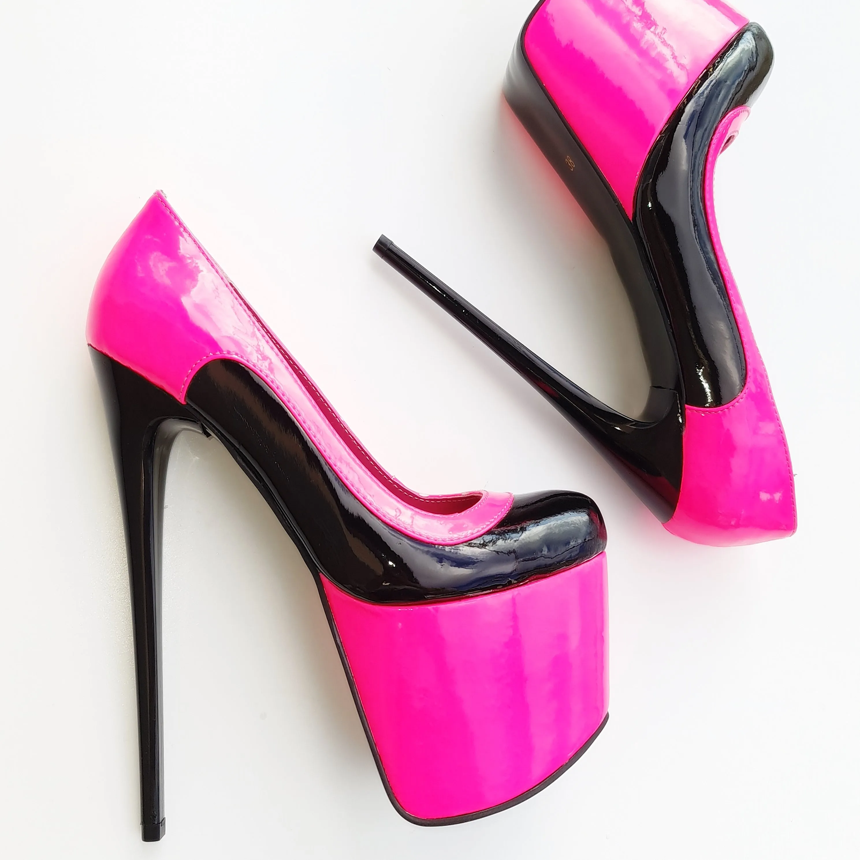 Double Neon Pink Black Gloss High Heel Pumps