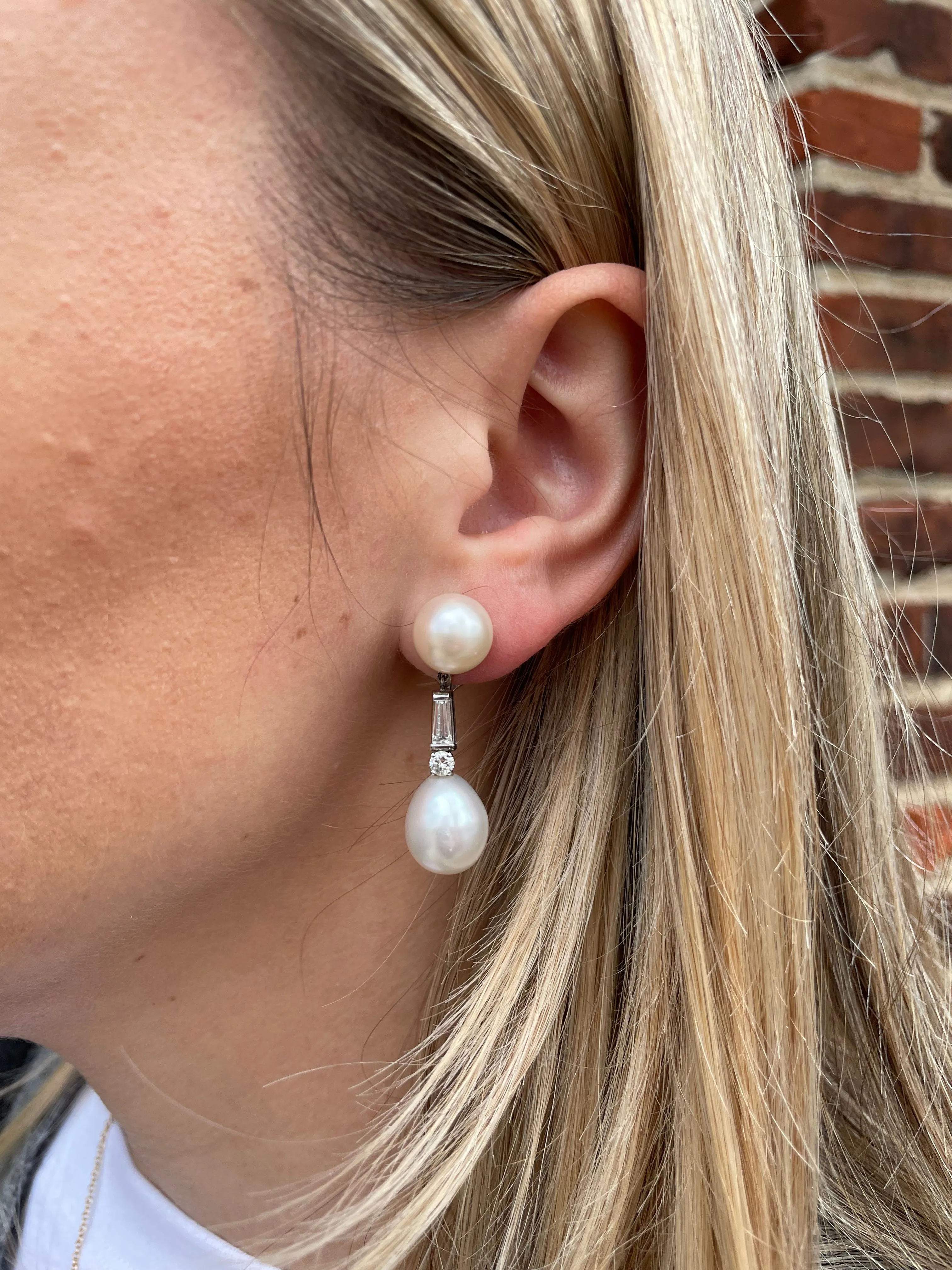 Estate Platinum Diamond & South Sea Pearl Earrings