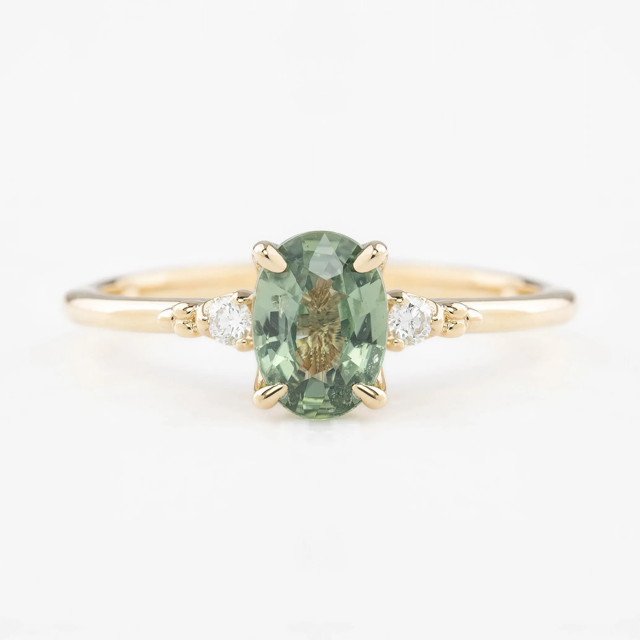 Estel Ring 0.9ct Light Green Unheated Oval Sapphire, 14K Yellow Gold (One of a kind)