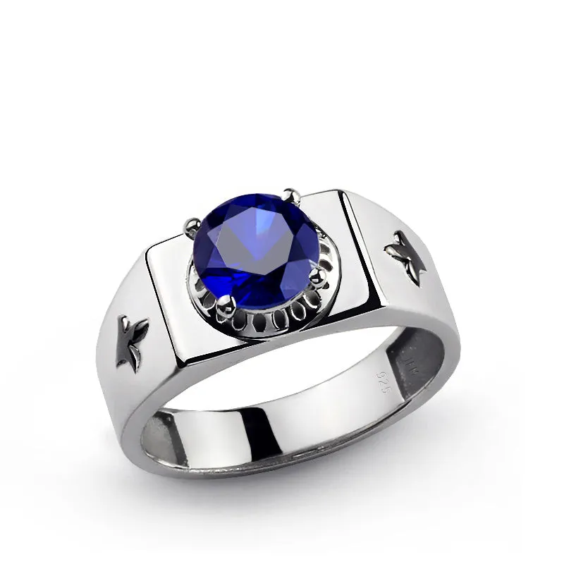 Fleur de Lis 925 Sterling Silver Men's Ring with Gemstone