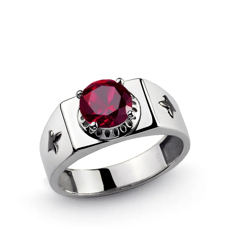 Fleur de Lis 925 Sterling Silver Men's Ring with Gemstone