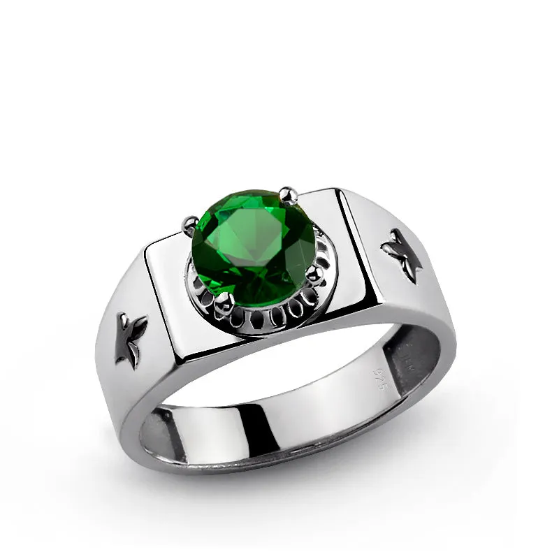 Fleur de Lis 925 Sterling Silver Men's Ring with Gemstone