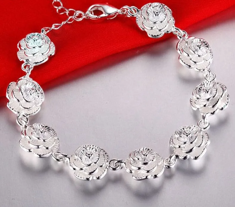 Full Rose Flower Chain Silver Bracelet