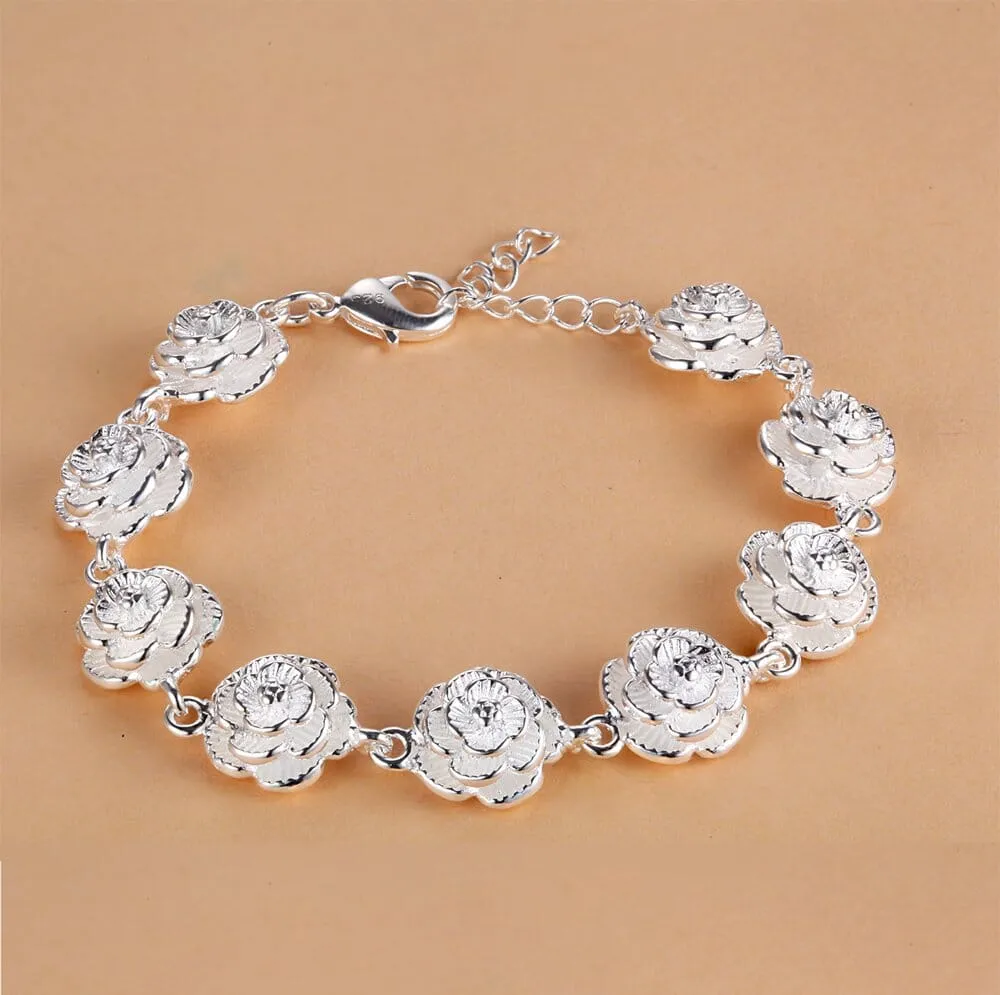 Full Rose Flower Chain Silver Bracelet