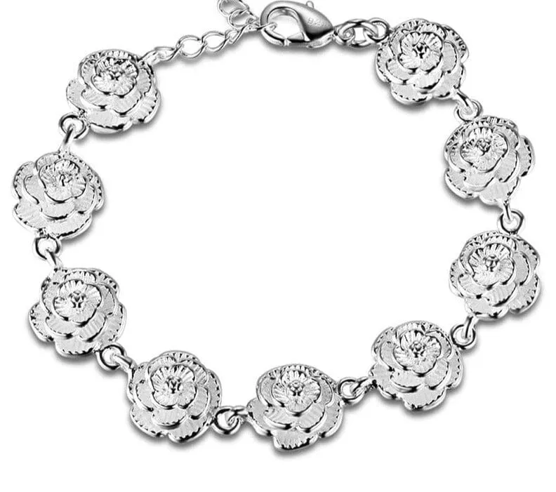 Full Rose Flower Chain Silver Bracelet