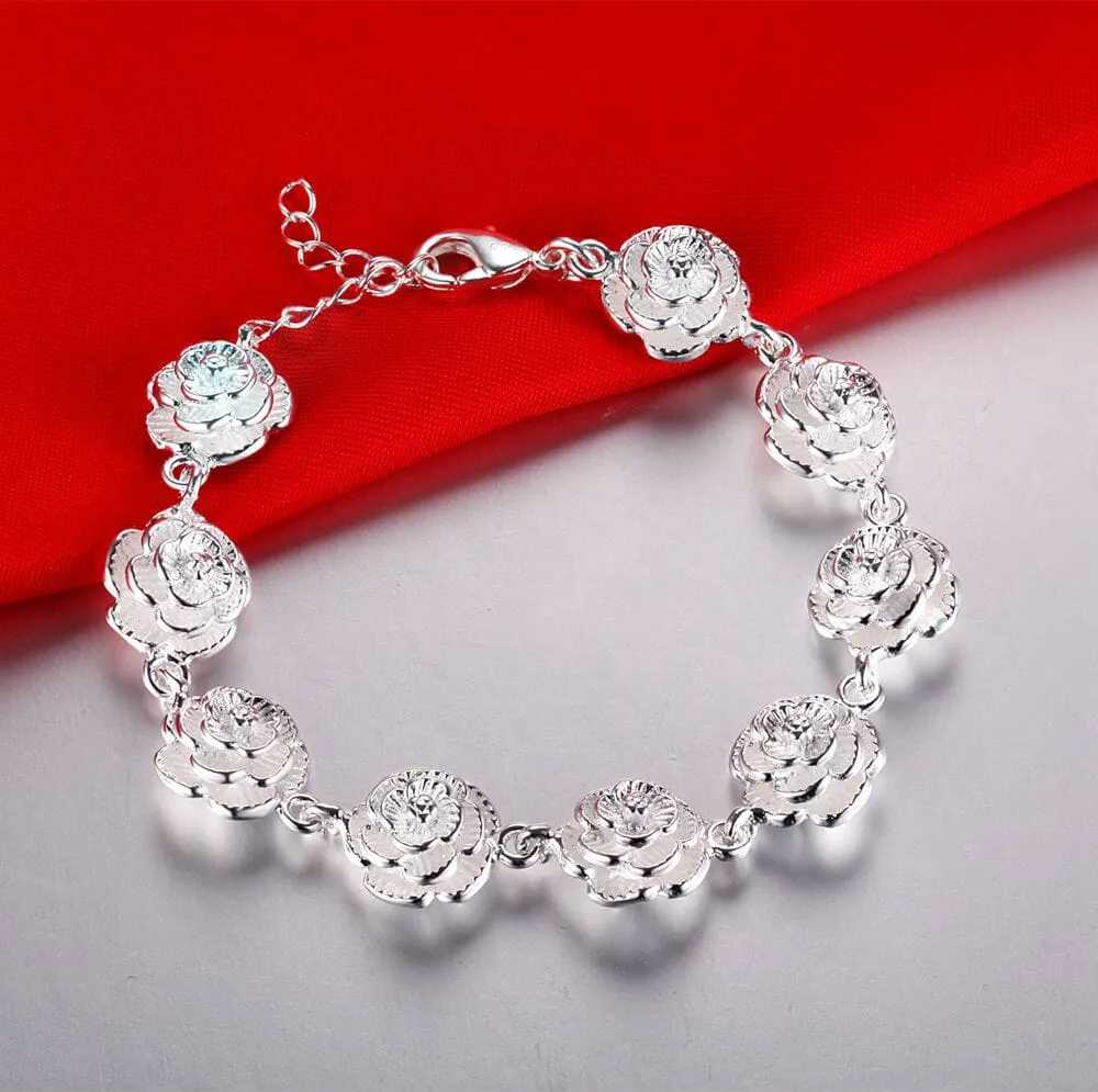 Full Rose Flower Chain Silver Bracelet