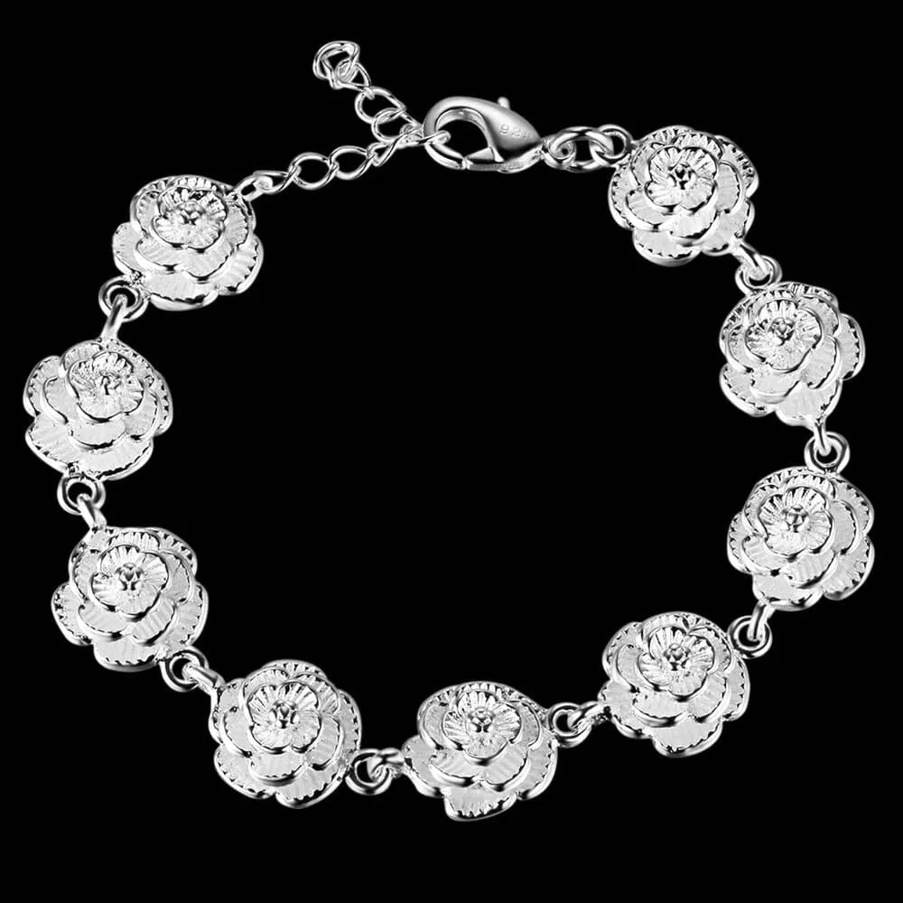 Full Rose Flower Chain Silver Bracelet