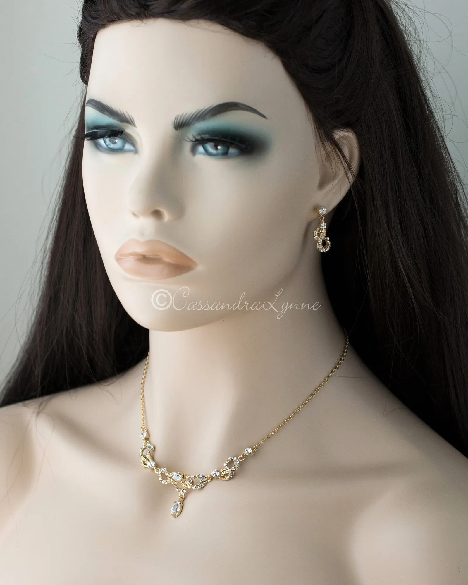 Gold Crystal Scrolls Bridal Necklace Set