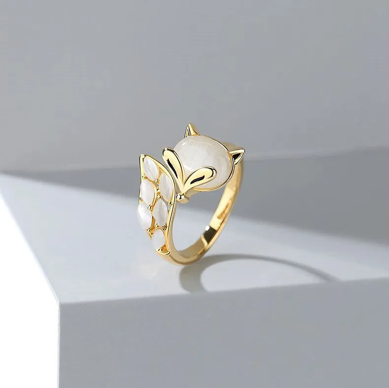 Gold Plated Crystal Gemstone Fox Element Adjustable Open Ring LJ17