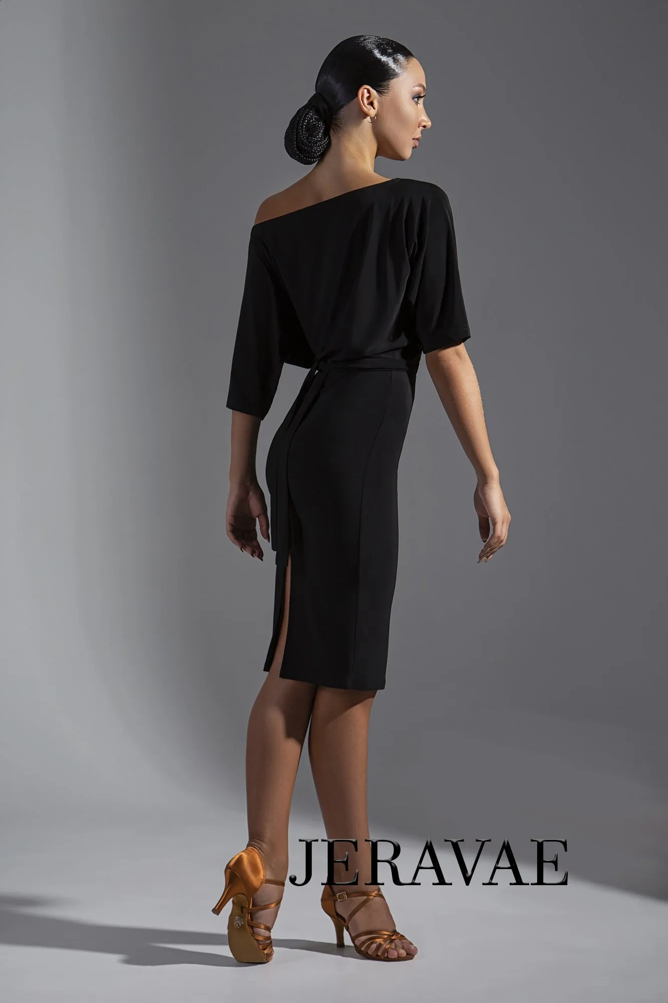 Half-Length Sleeve Latin Practice Dress with Slouchy Top and Back Slit in Skirt PRA 574