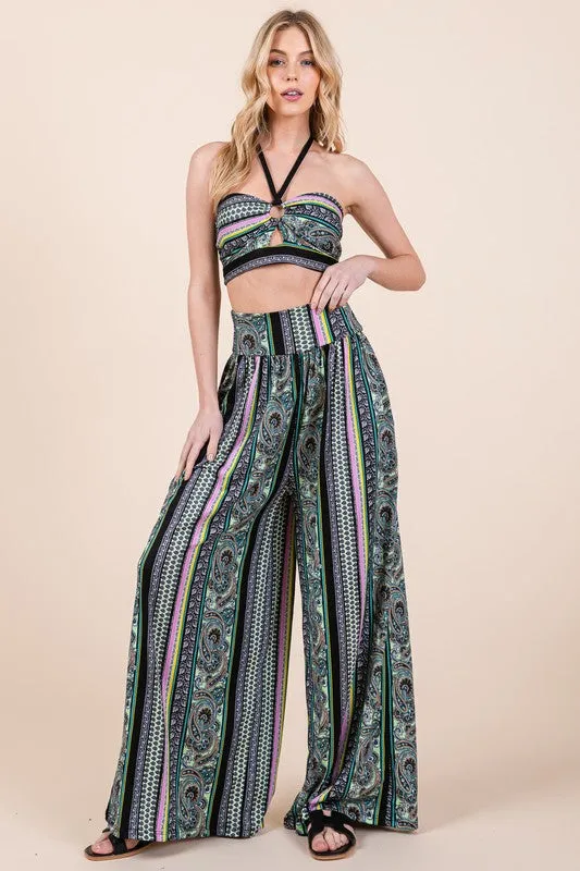 Halter Crop Top with Wide Leg Pants with Pockets