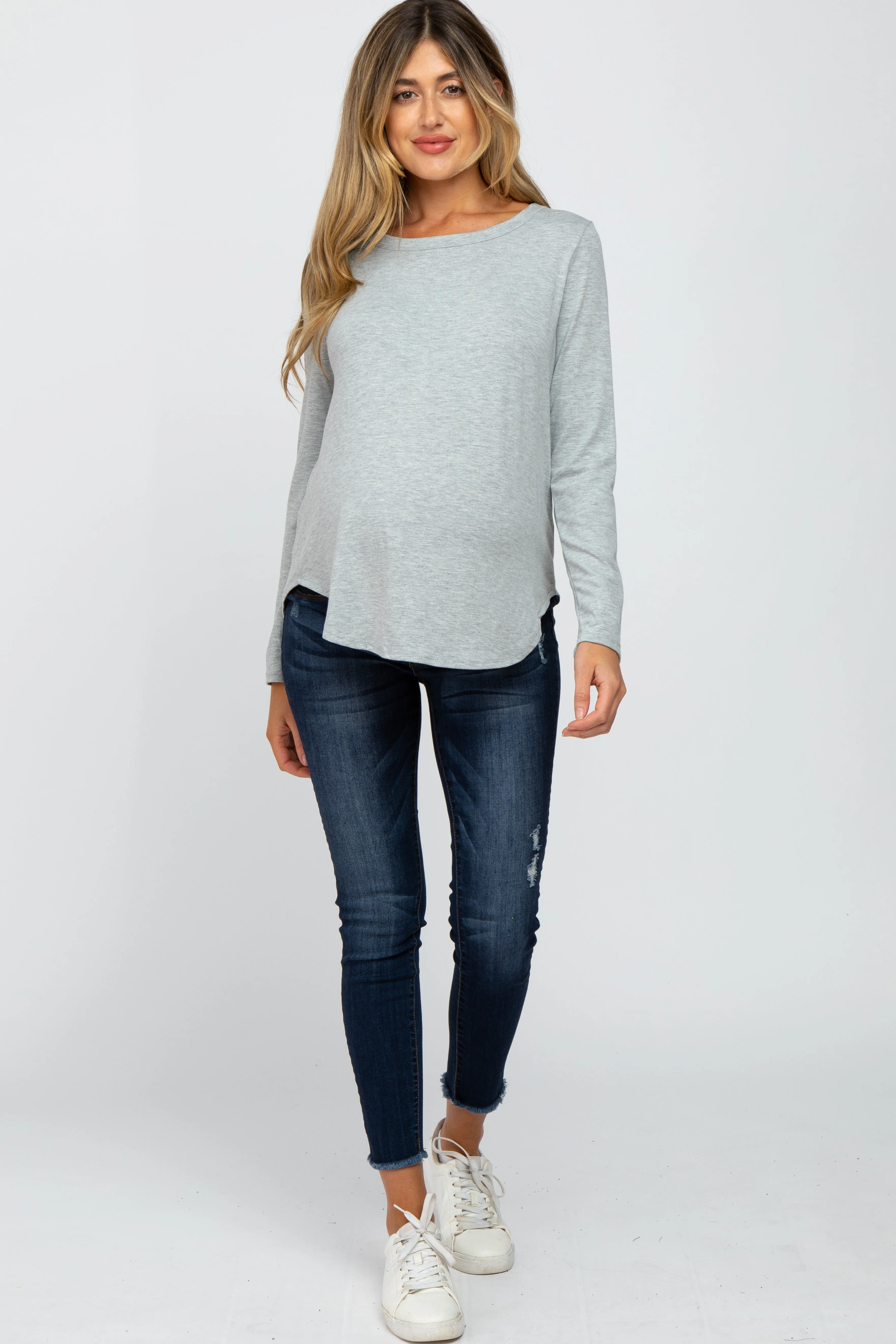 Heather Grey Basic Maternity Long Sleeve Top