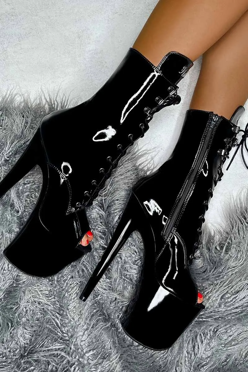 Hella Heels LipKit Open Toe 8inch Boots - Black Beatles