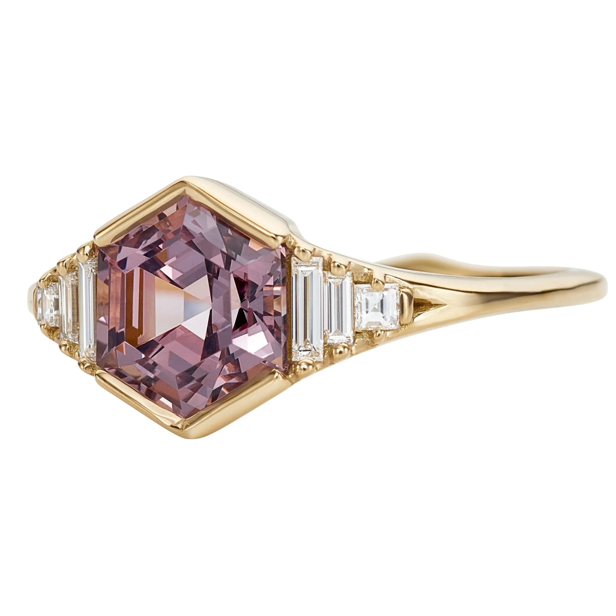 Hexagon Cut Spinel Engagement Ring in Mauve with Diamonds